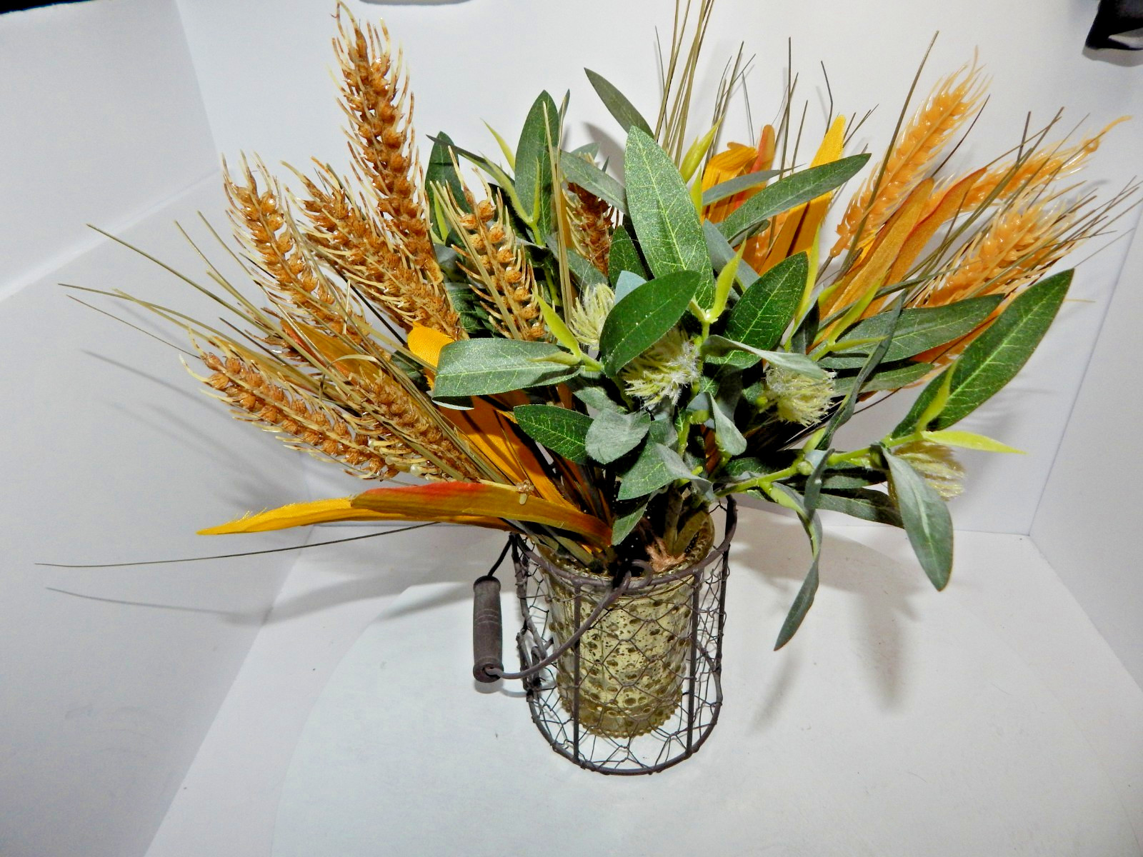 Bouquet Mix Artificial Fall Foilage ripened wheat grains stems glass wire basket