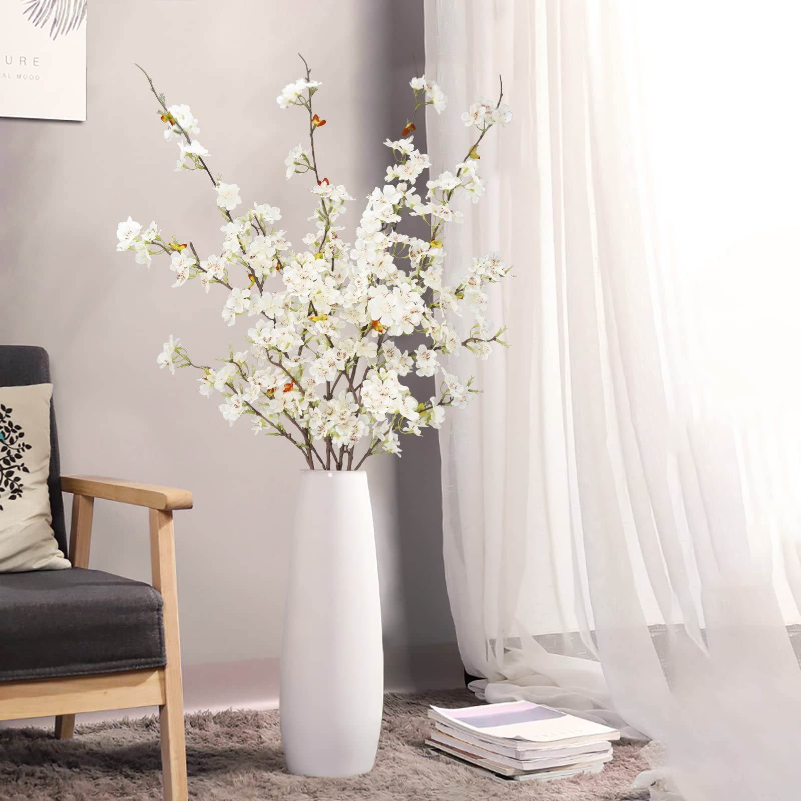 4pcs Artificial Cherry Blossom Flower Branches, 39.4″ Fake Silk Pink Cherry B…