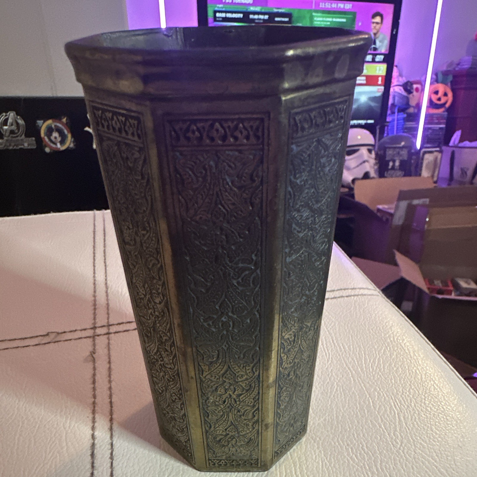 Vintage Hexagonal Embossed Floral Metal Vase Kinco Brassware