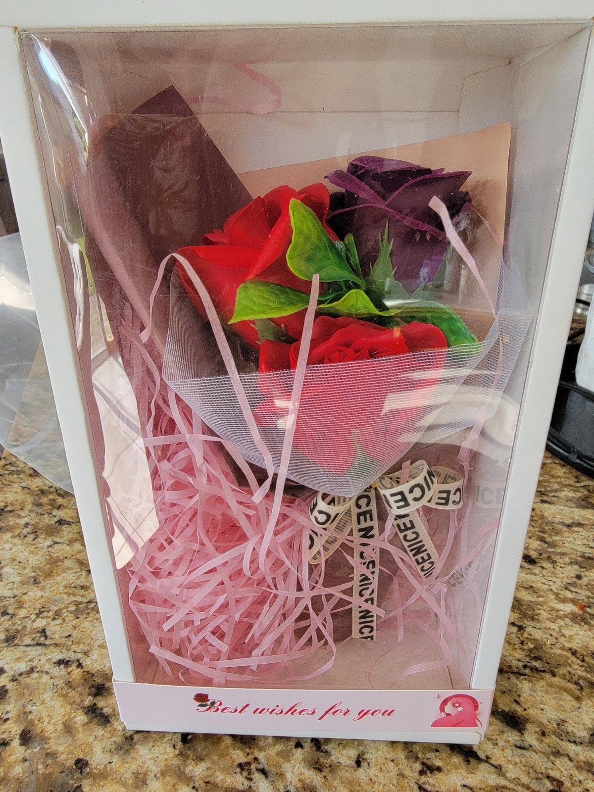 Artificial Rose Flower Bouquet Wall Decor, Display Gift Box w/ Pink Shred Filler