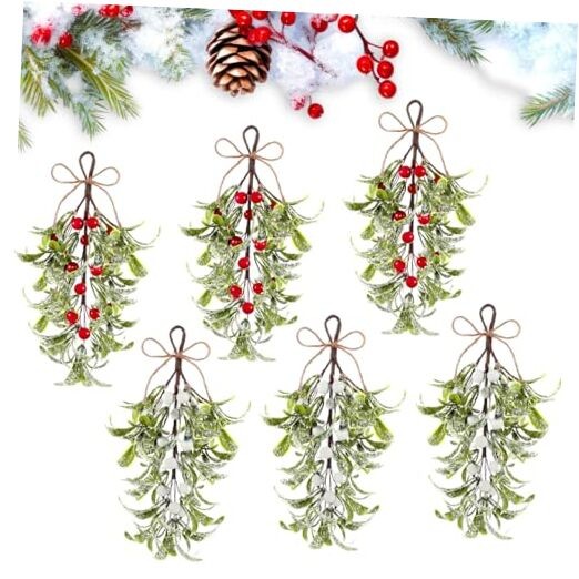6 Pcs Christmas Mistletoe Decor Artificial Mistletoe 9 Inch Green, White, Red