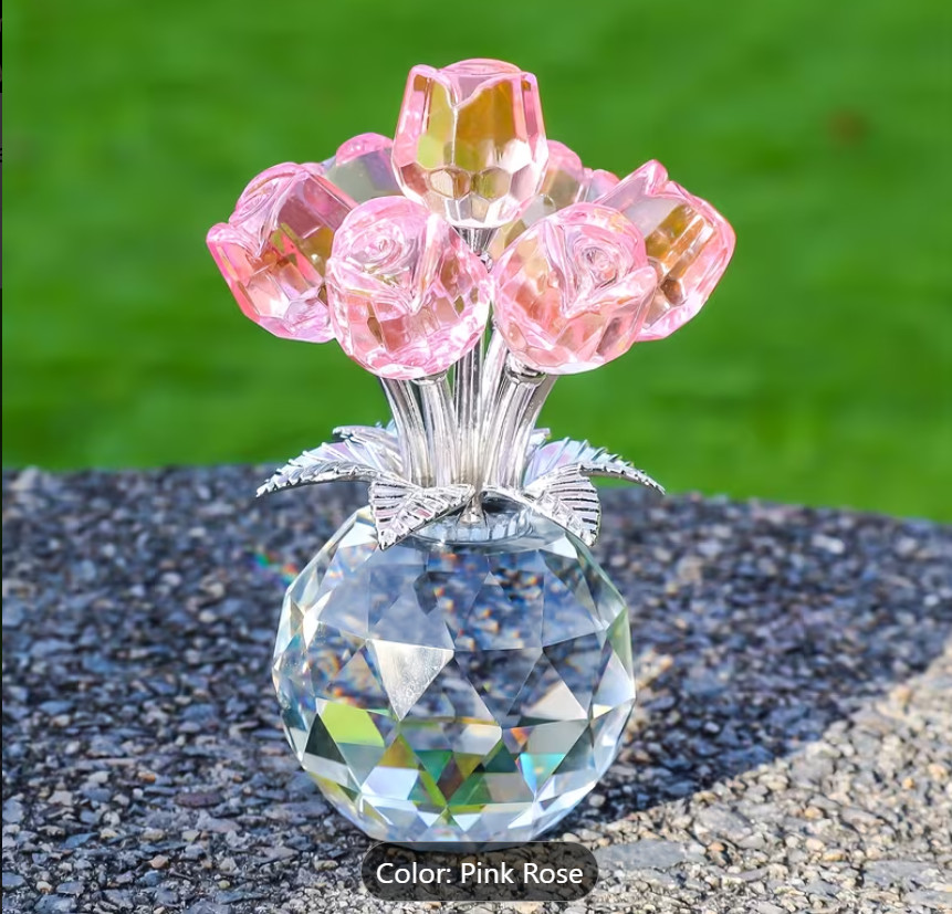 Pink Crystal Gemstone Rose Flower Colorful Rose Bouquet Eternal Ornament Gift