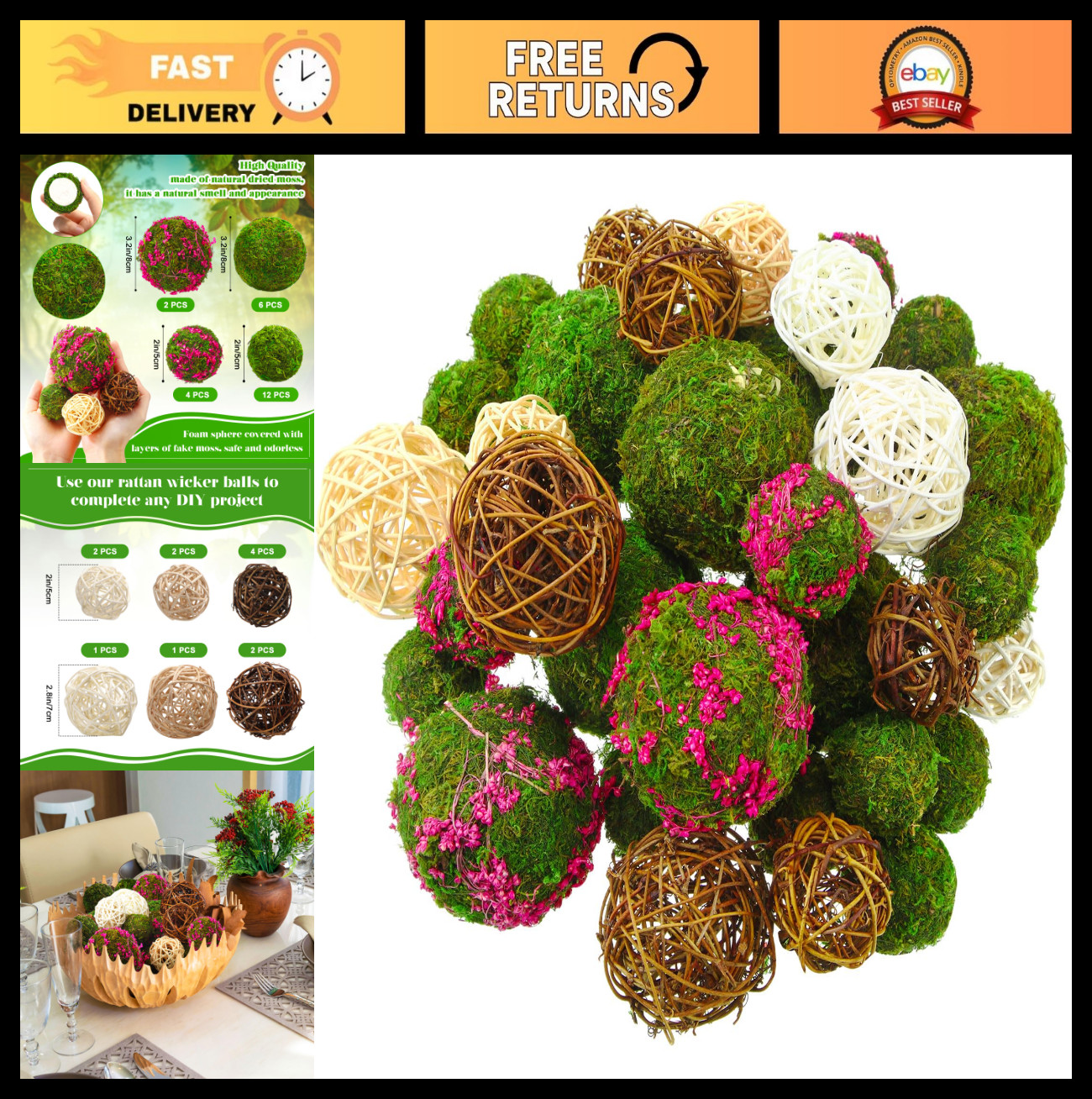 36 Pcs Decorative Moss Balls for Centerpieces, Rattan Wicker Orbs, Vase Filler,