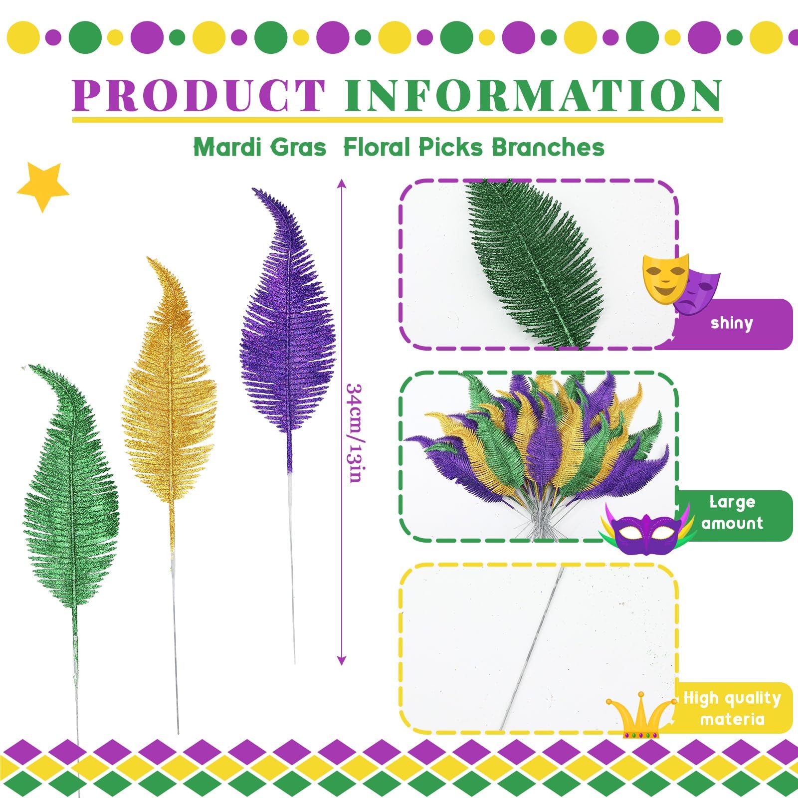 48 Pcs Mardi Gras Glitter Leaves Feather 13.4” Faux Sparkly Feather Leaves M…