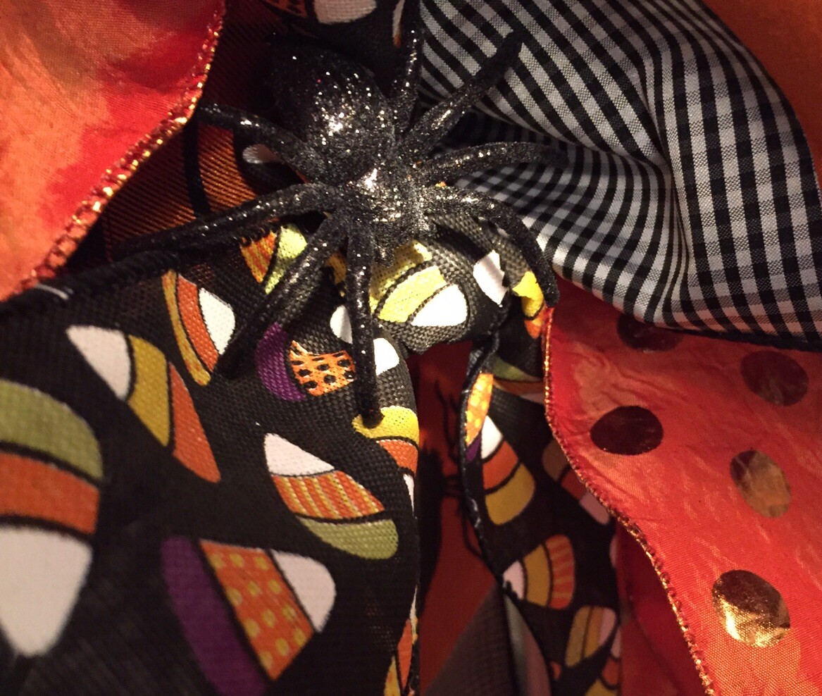 Halloween Spooky Wreath With A Black Evil Crow And Creepy Black Spiders