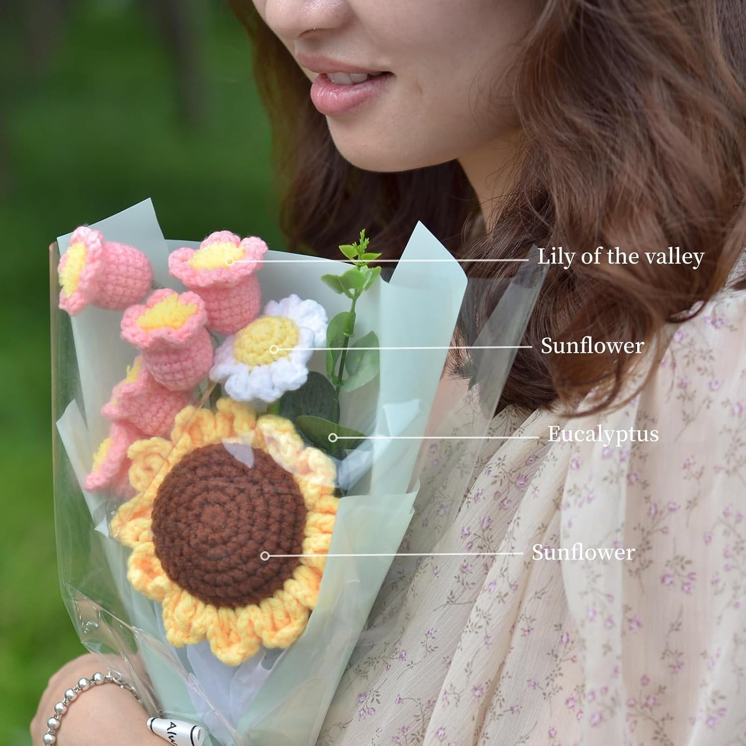 Crochet Flowers Bouquet,Hand Knitted Sunflower Daisy Lily of The Valley,Eternal