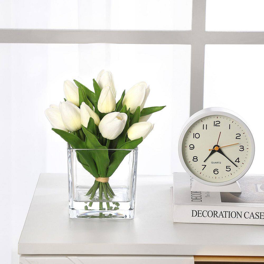 7.4 In. Real Touch White Artificial Tulip Arrangement in Clear Glass Vase, Indoo