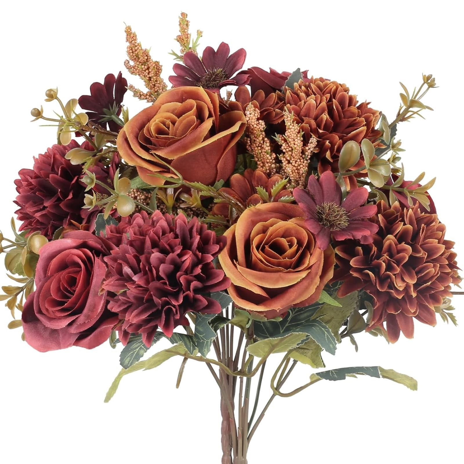 2 Bundles Artificial Fall Flowers 2 Colors Fake Roses Silk Bouquets with Hydr…