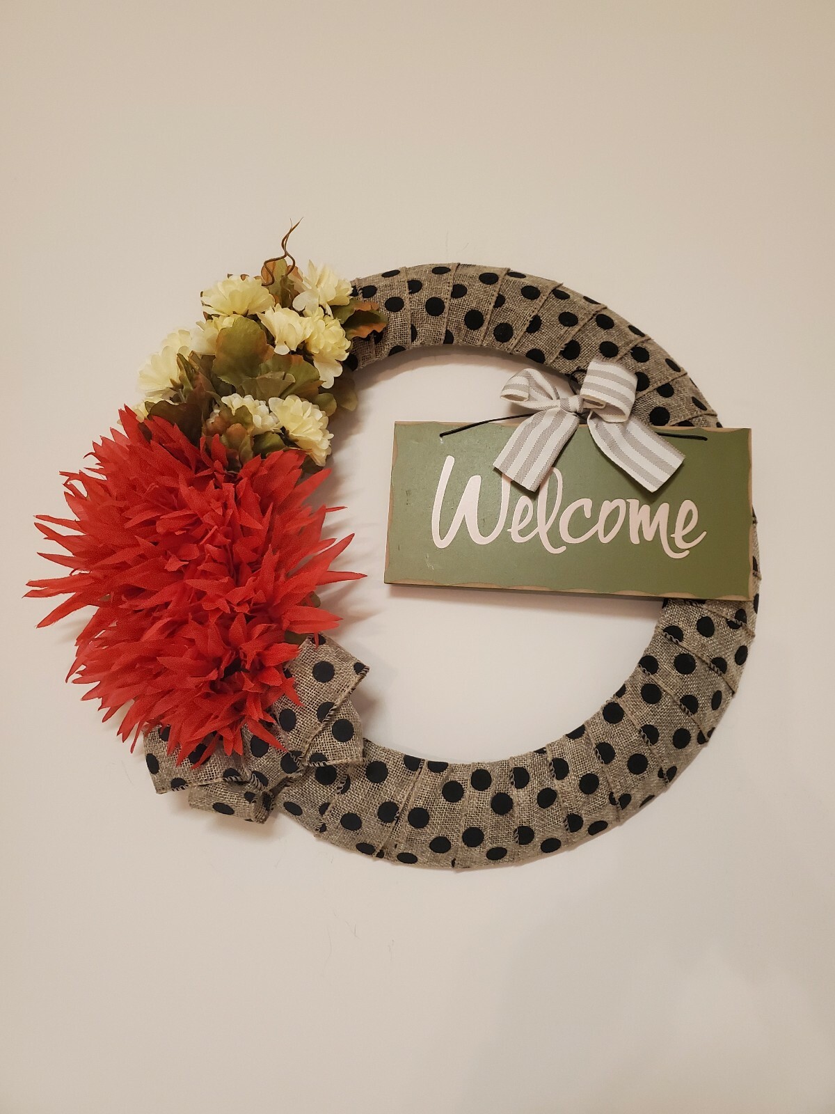 WELCOME wreath FLOWER Gerberas Mums Red burlap FALL autumn Decor Front Door 15
