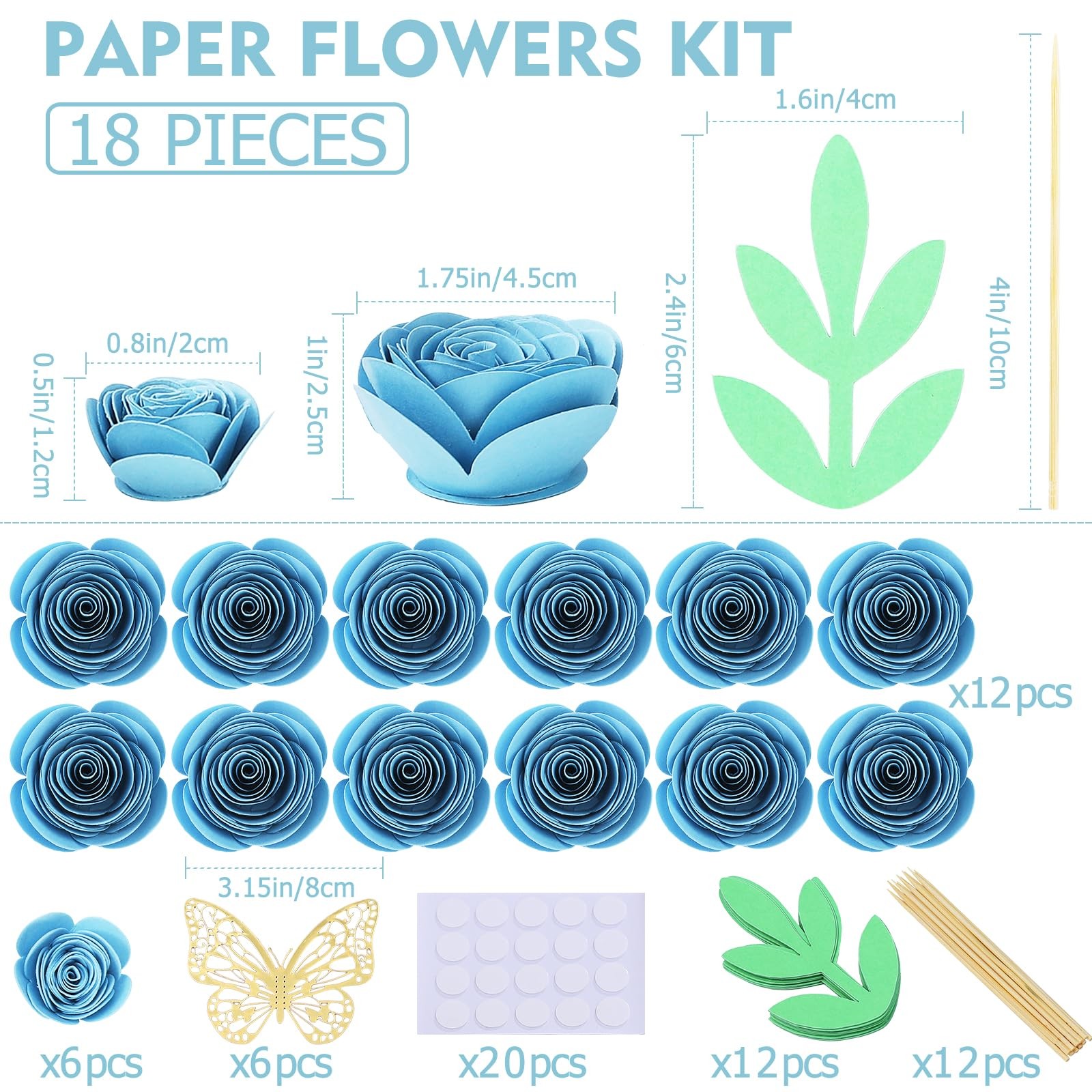 18 PCS Blue Artificial Rose Mini Paper Flower Craft DIY Decor Cake Topper