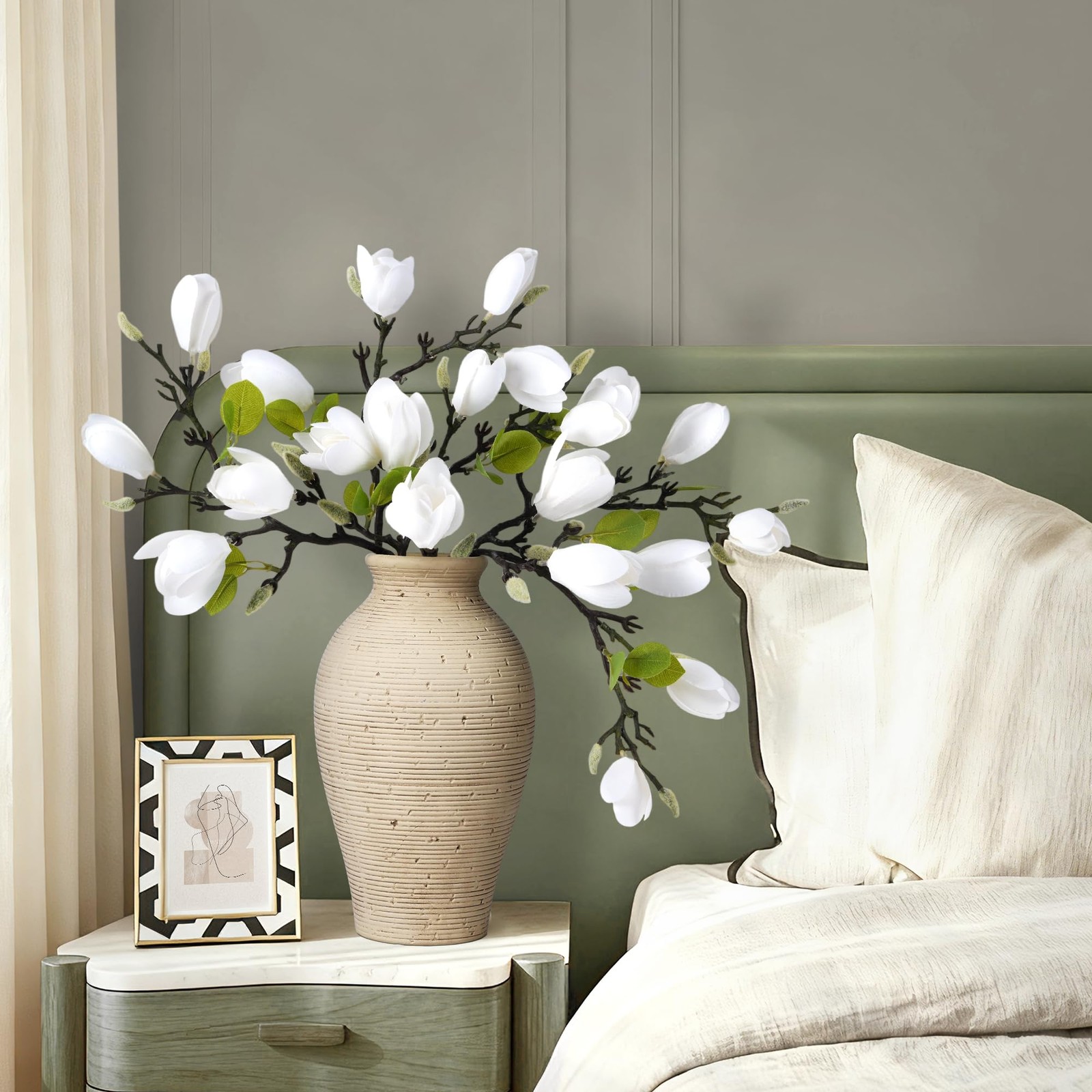5PCS Artificial Magnolia Flowers Stems, Fake White Magnolia Floral Buds, 26″ …