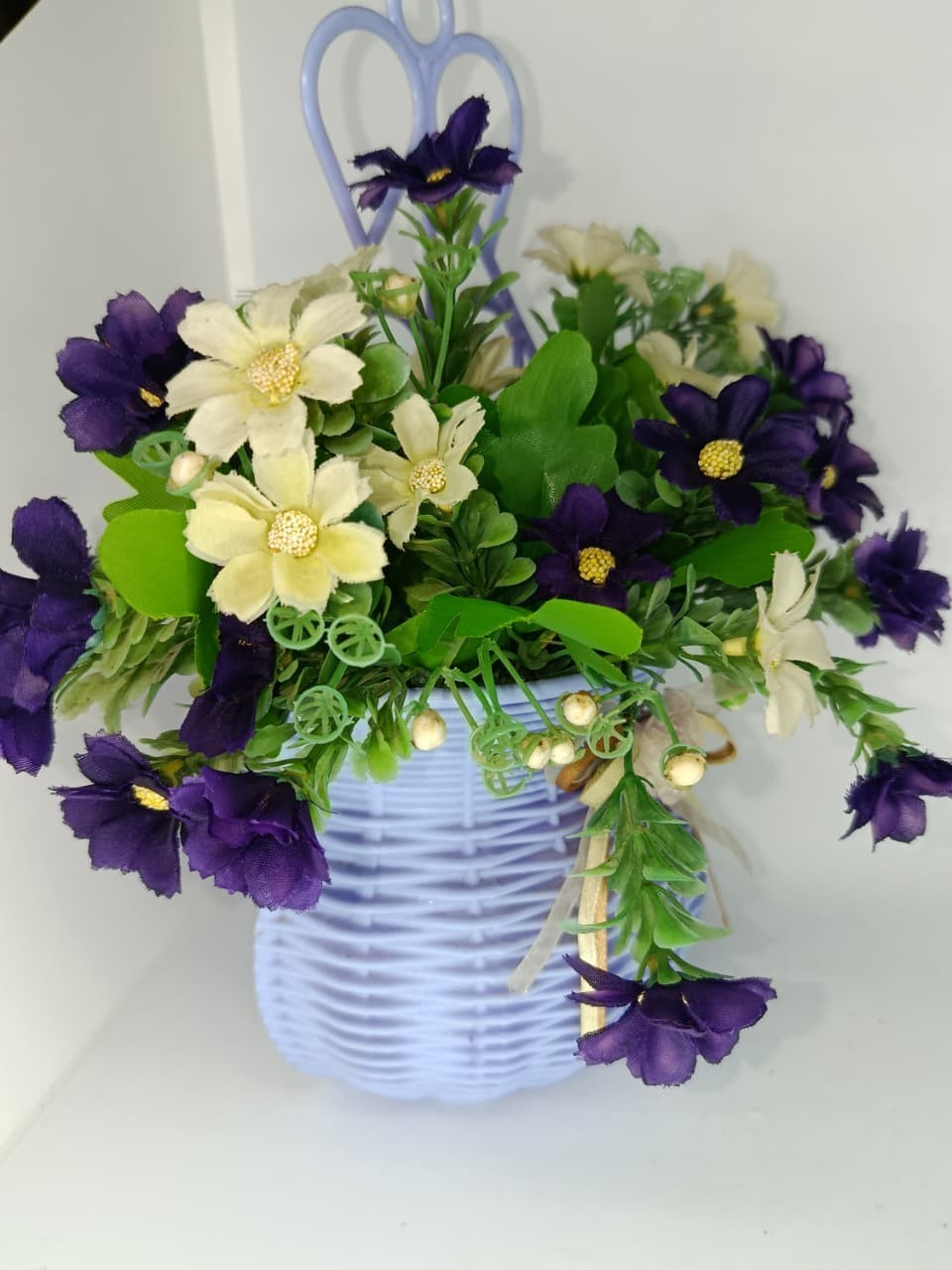Wall Hanging Flower Basket Artificial Purple Flowers Home Decor Woven Planter
