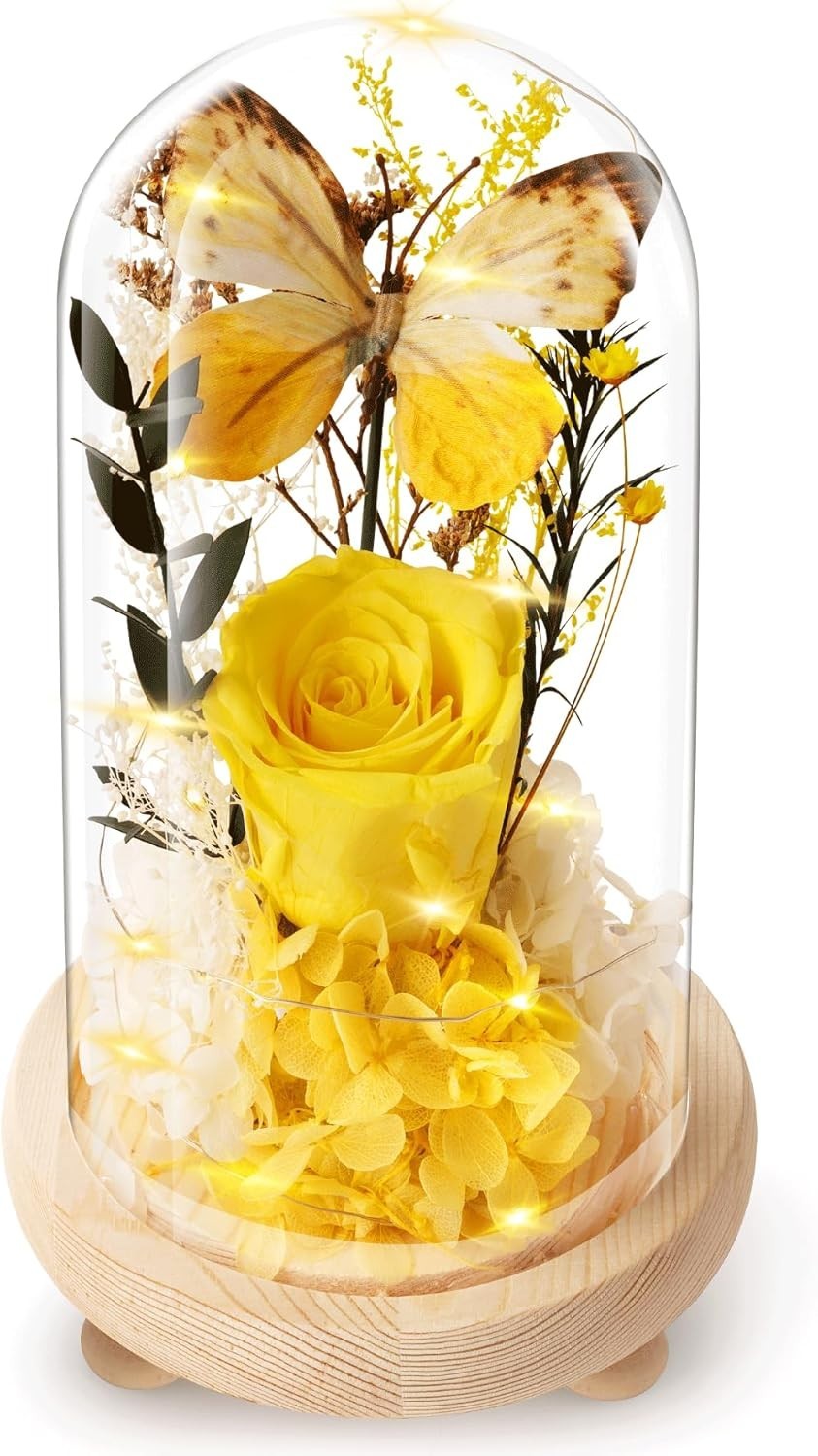 Preserved Yellow Roses in Glass Dome – Perfect Gift for Her on Any Occasion