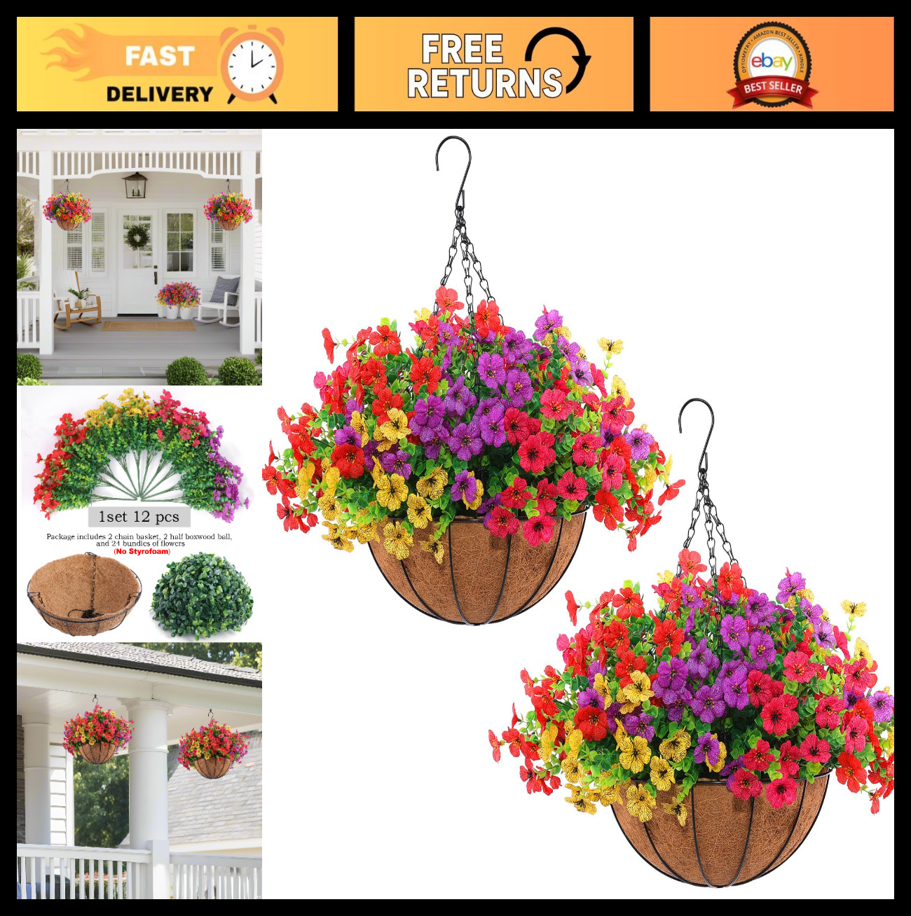 2 Set Artificial Outdoor Flowers in Hanging Baskets – 24 Pcs Colorful Planters f
