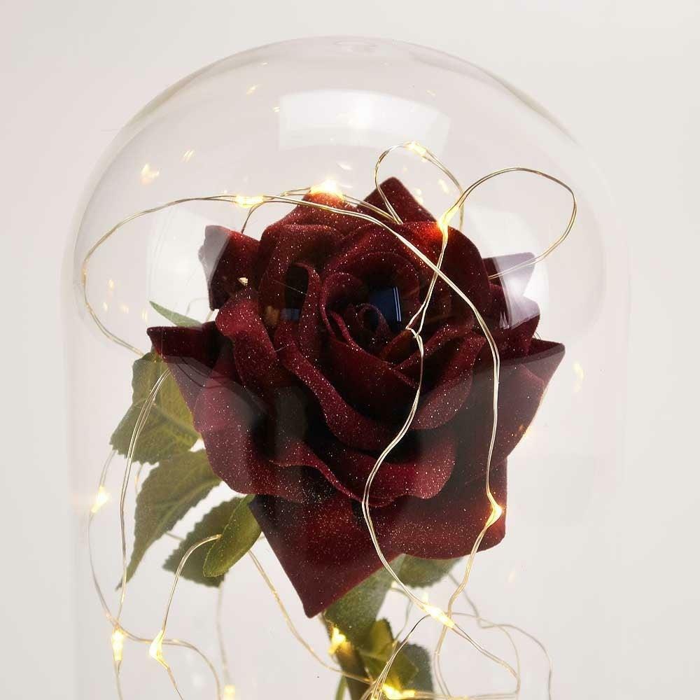 Fairy Tale Red Handmade Enchanted Rose in Glass Dome Bell Jar & Pretty LED Light