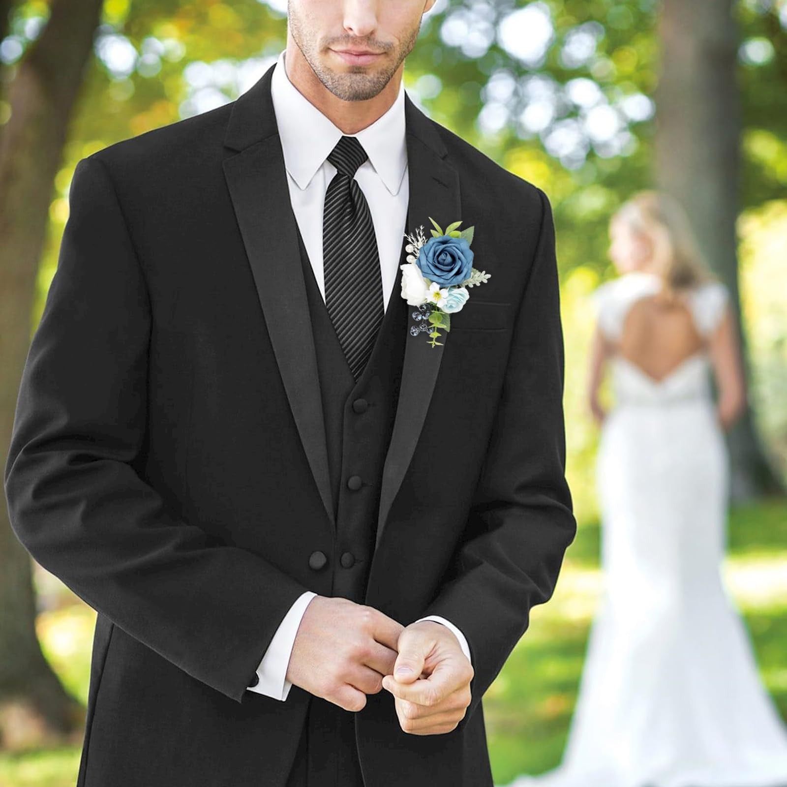 Dusty Blue Flowers Pocket Boutonniere Men Groom Wedding Formal Party