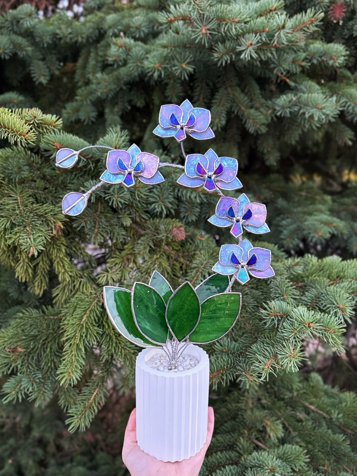 Stained Glass 3D Orchid Lavender irid, 5 Flowers In A Pot, Table Decor