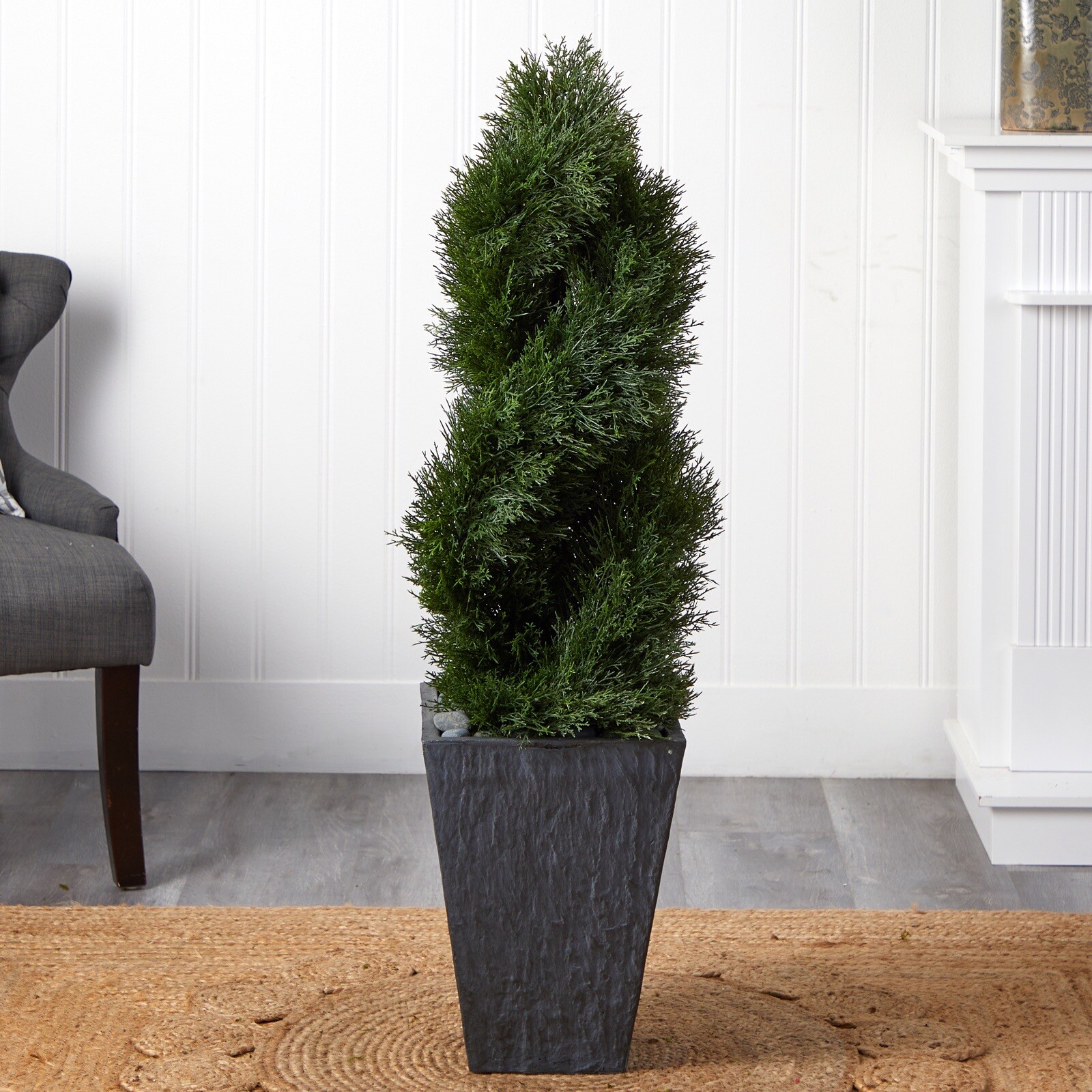 4’ Artificial Cedar Cypress Spiral Topiary Tree in Planter UV (Indoor/Outdoor).