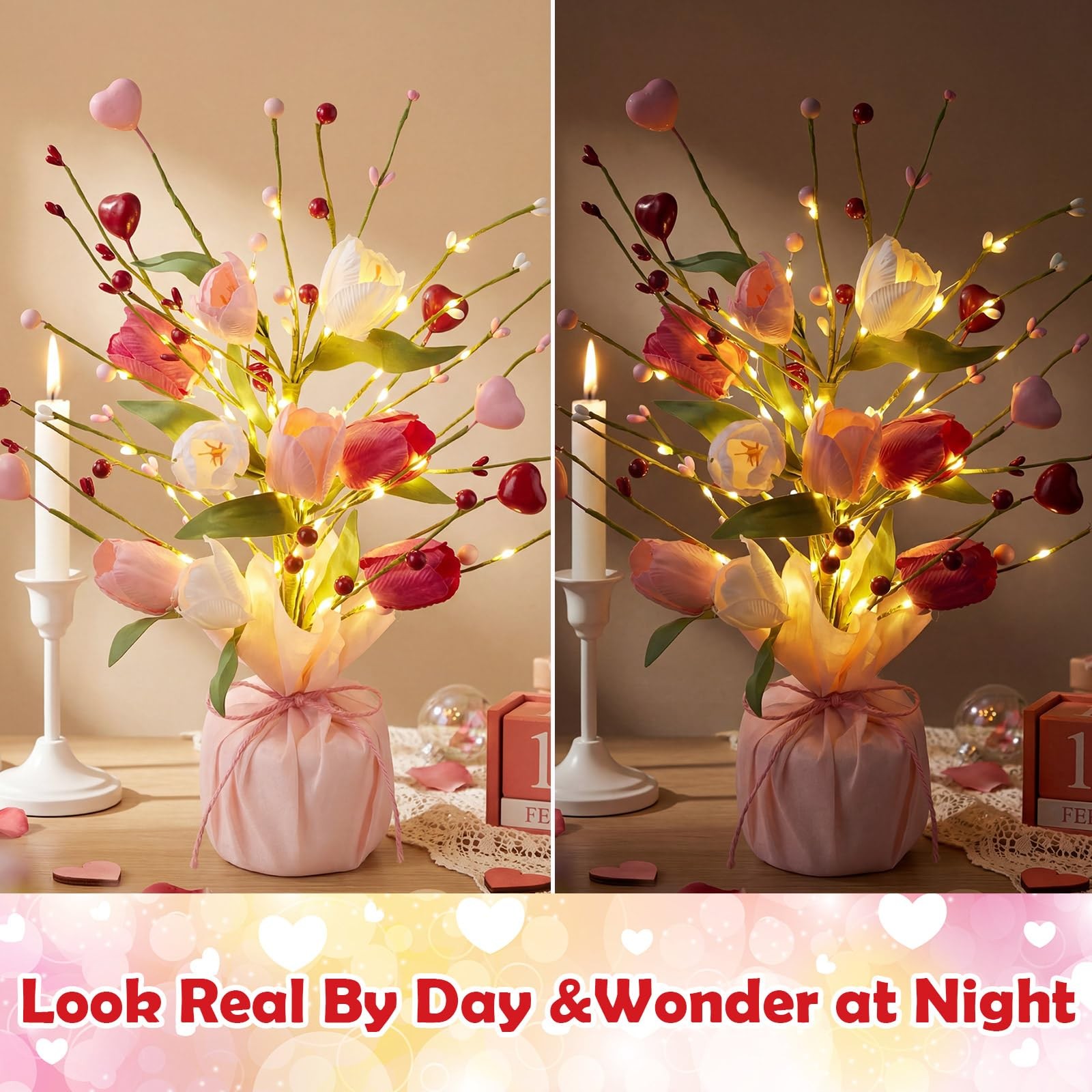 2 PCS 16 Inch Spring Artificial Tulip Table Tree Decoration Light Burlap Base