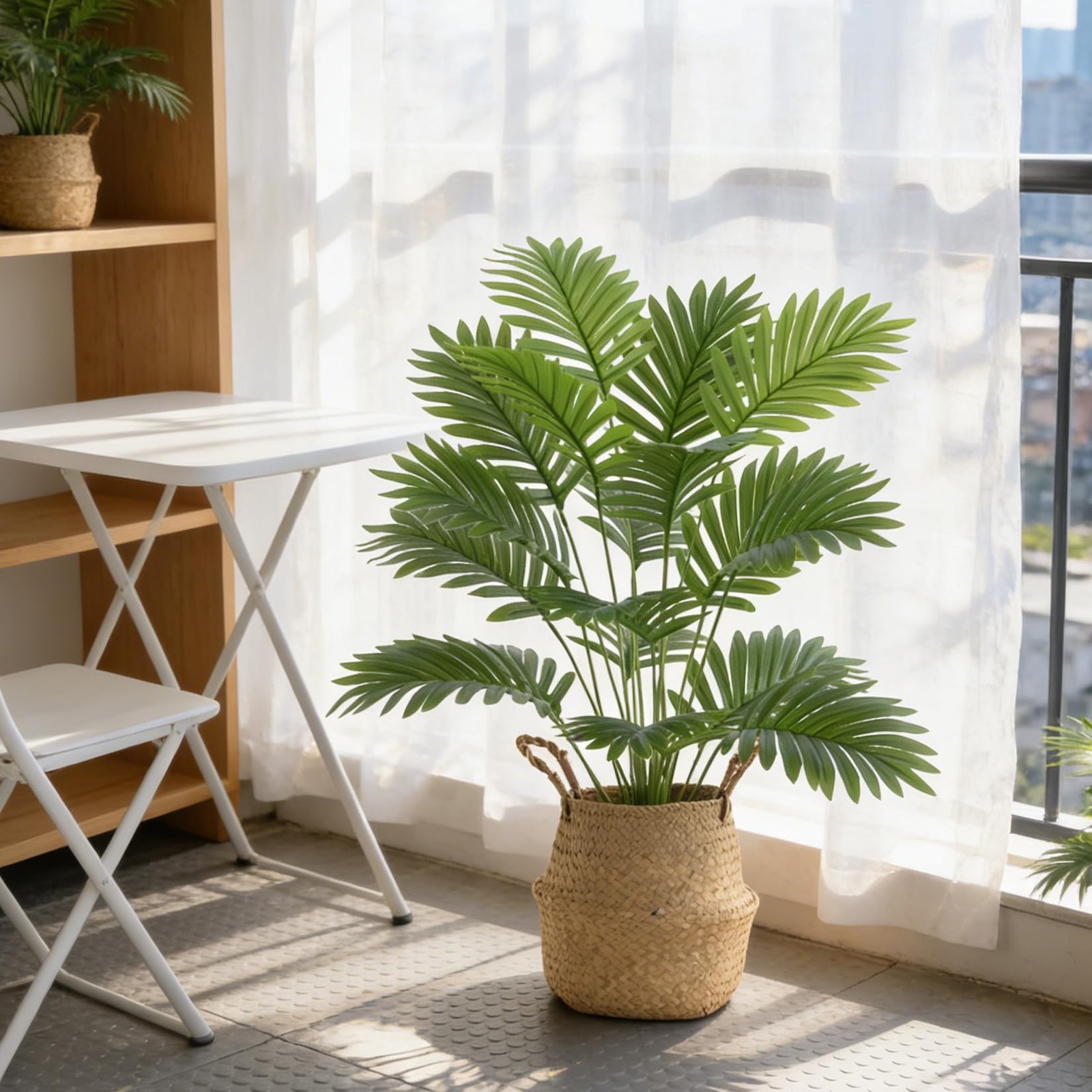 2 Pack Artificial Palm Tree Plants in Black Pot & Woven Basket, 32″ Fake Maje…