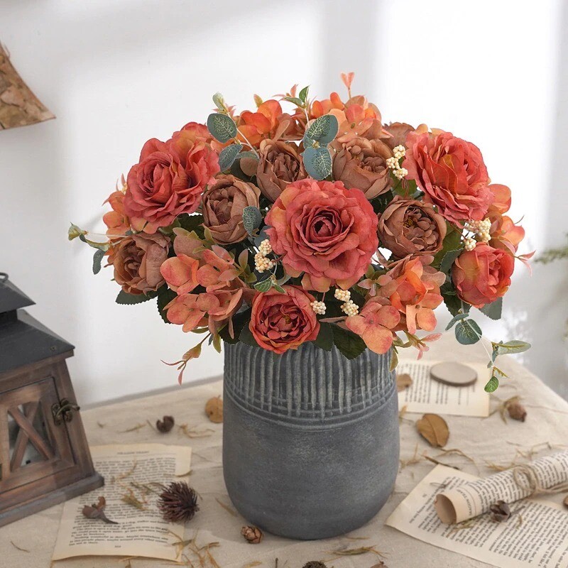 Artificial Flowers Retro Silk Rose Bouquet Hydrangea Peony Vintage Bride wedding