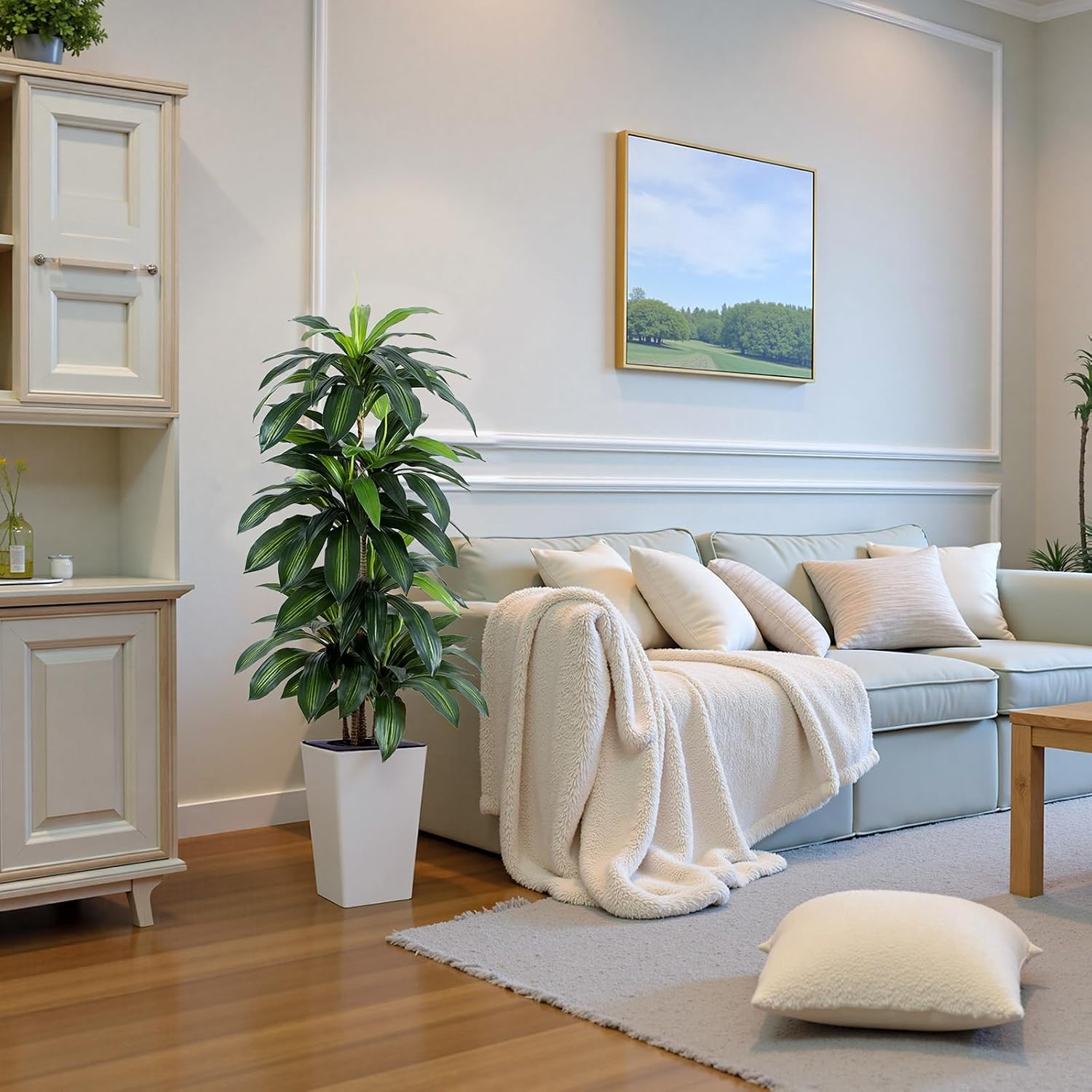 Artificial Dracaena Tree with White Tall Planter, 5Ft Tall Potted Artificial Dra