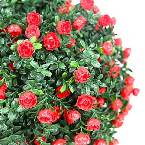 21.6” Tall Artificial Rose Topiary Ball Tree Set of 2 Pack Potted Bushes Red
