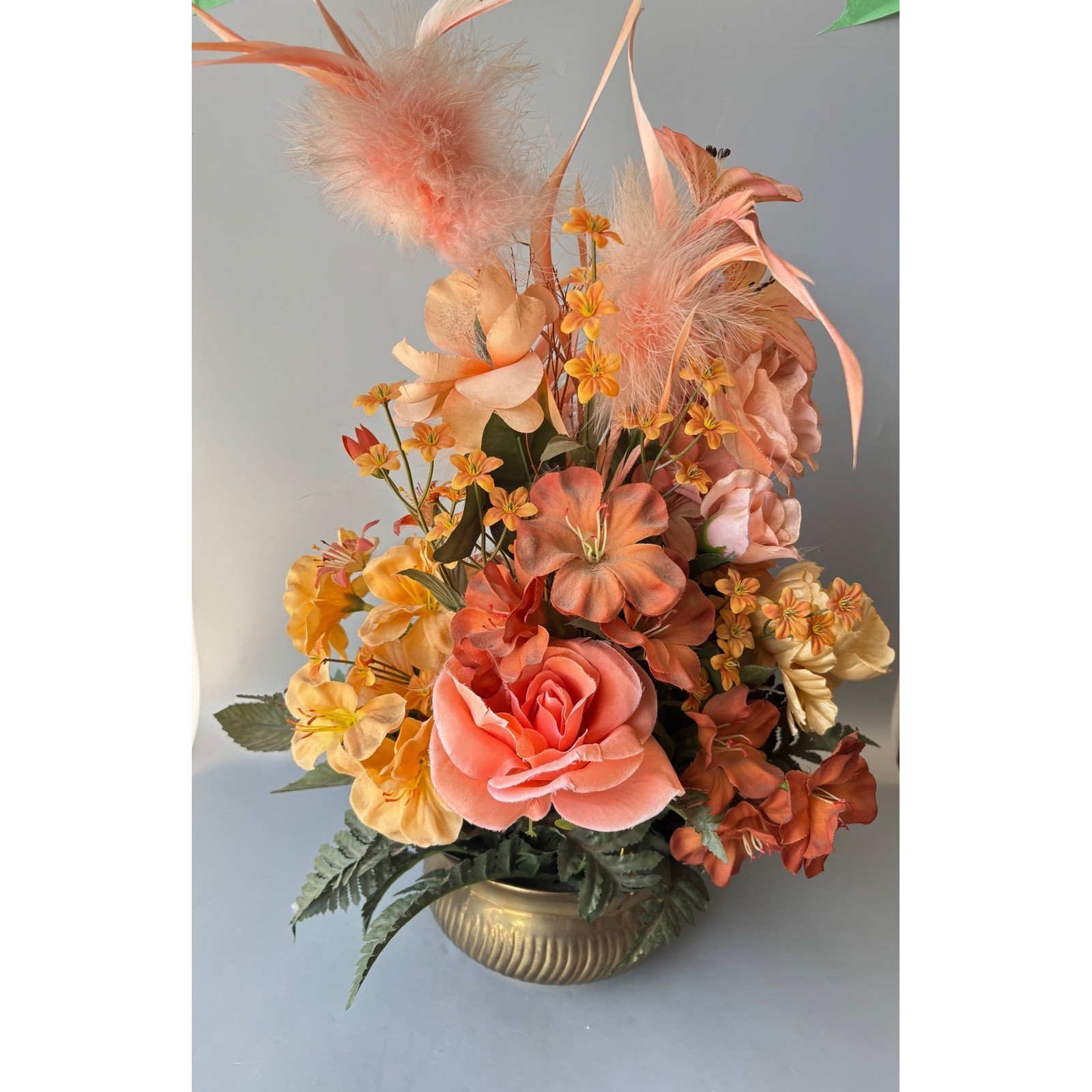 Vtg Silk Floral Arrangement Peach Feathers Roses Brass Bowl Made in India 15″