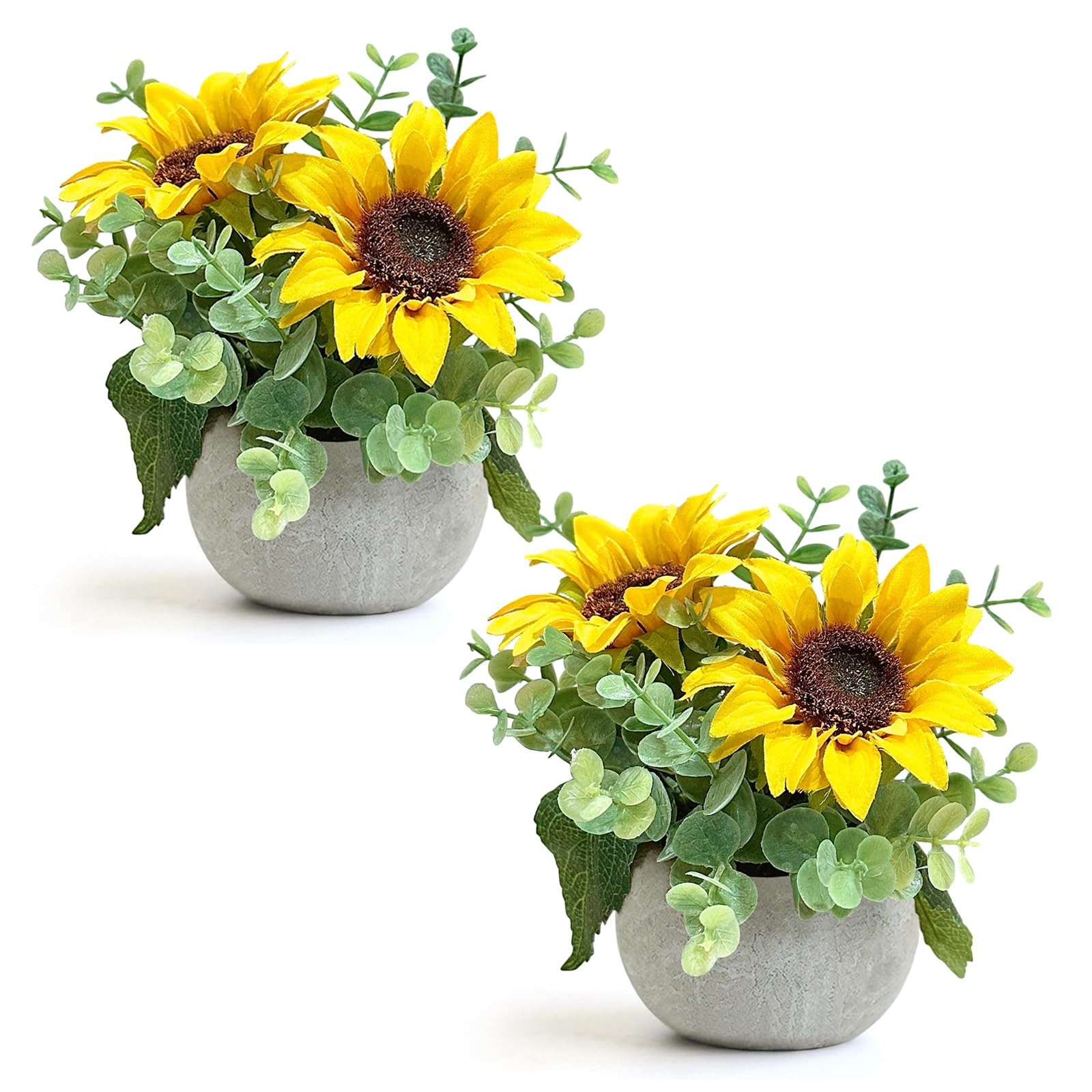 2 Pack Artificial Flowers with Pot, Silk Sunflowers with Eucalyptus Fake Pott…