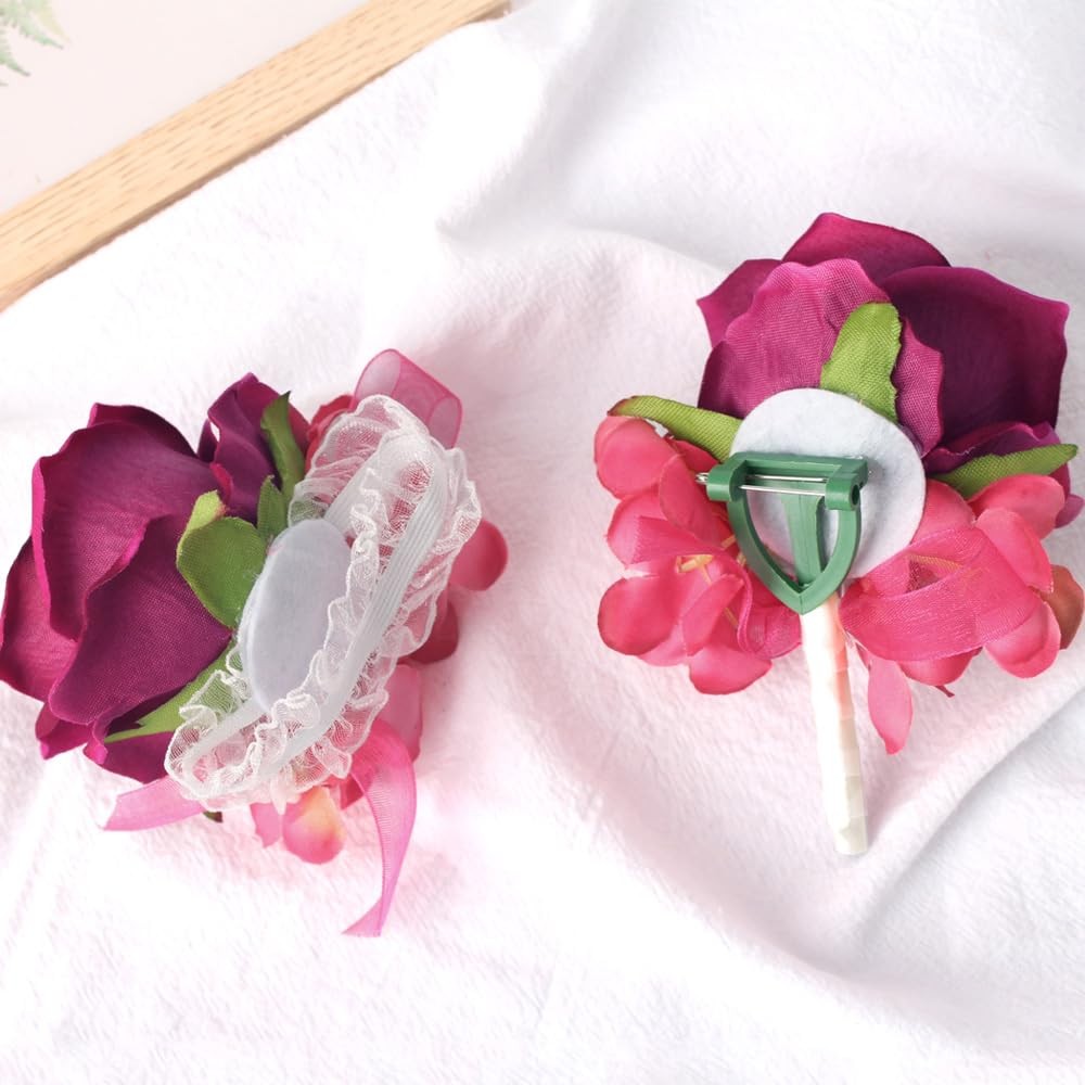 Deep Fuchsia Rose Wrist Corsage Wristlet Boutonniere Set Wedding Prom Flower