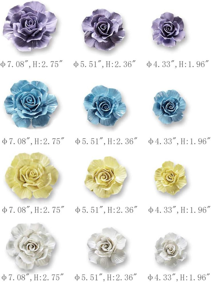 Blue 3D Rose Ceramic Flower Wall Art for Home Décor, 7.08 Inch
