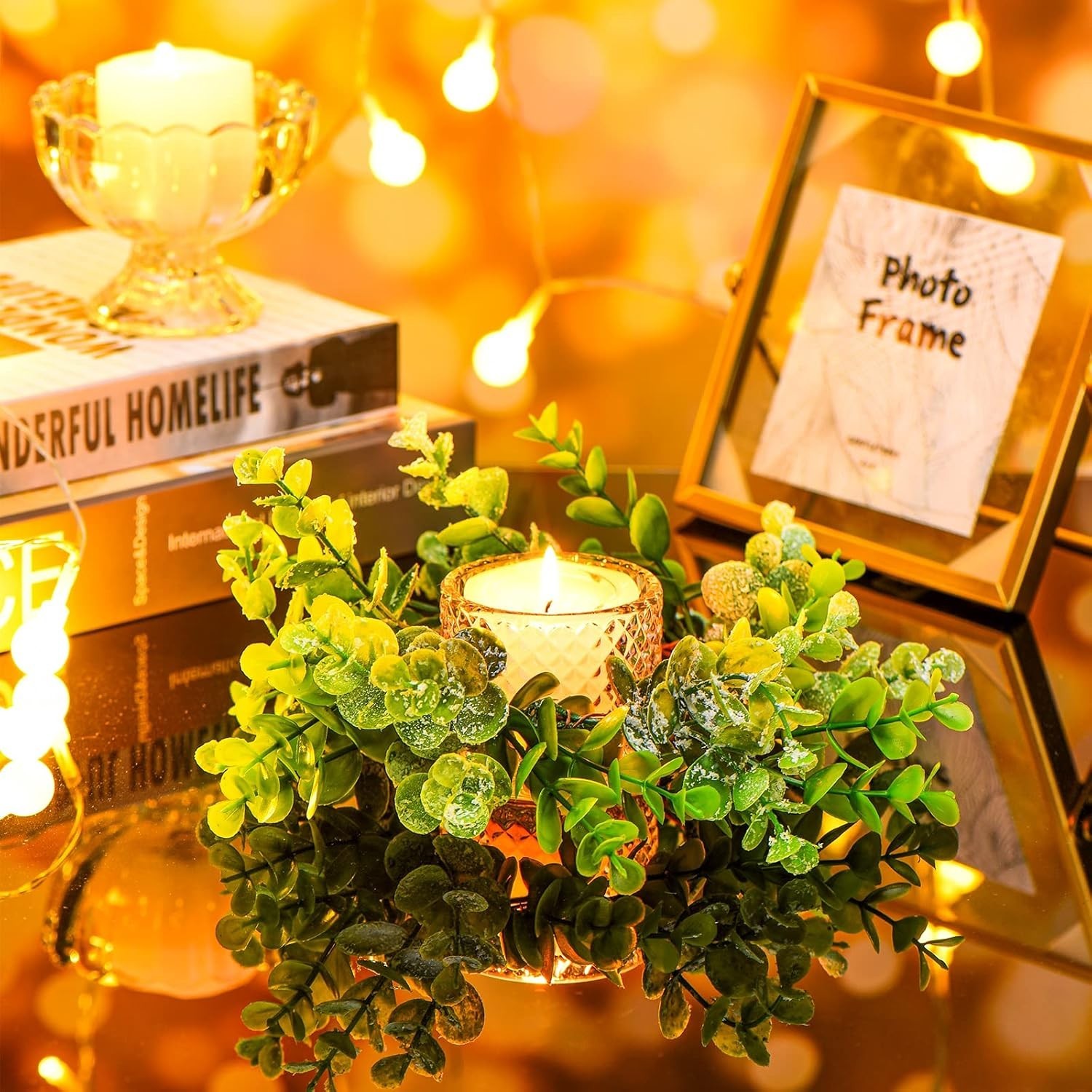 8 Pcs Mini Eucalyptus Candle Rings – Elegant Floral Wreaths for All Seasons