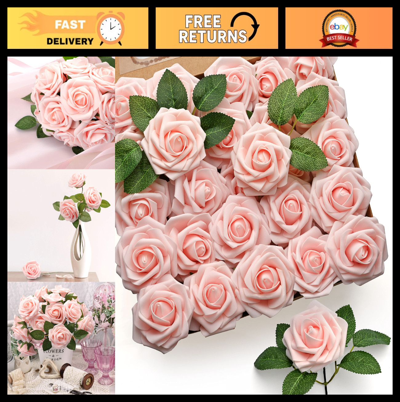 50Pcs Blush Pink Foam Artificial Roses with Stem for Wedding, Party, DIY Decor