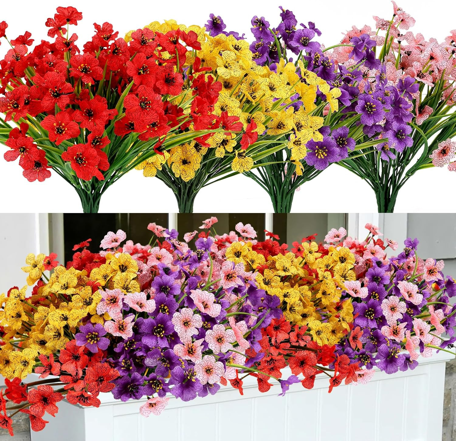 16 Bundles Artificial Mums Flowers for Outdoors, Mix 4 Colors | UV Resistant Fak