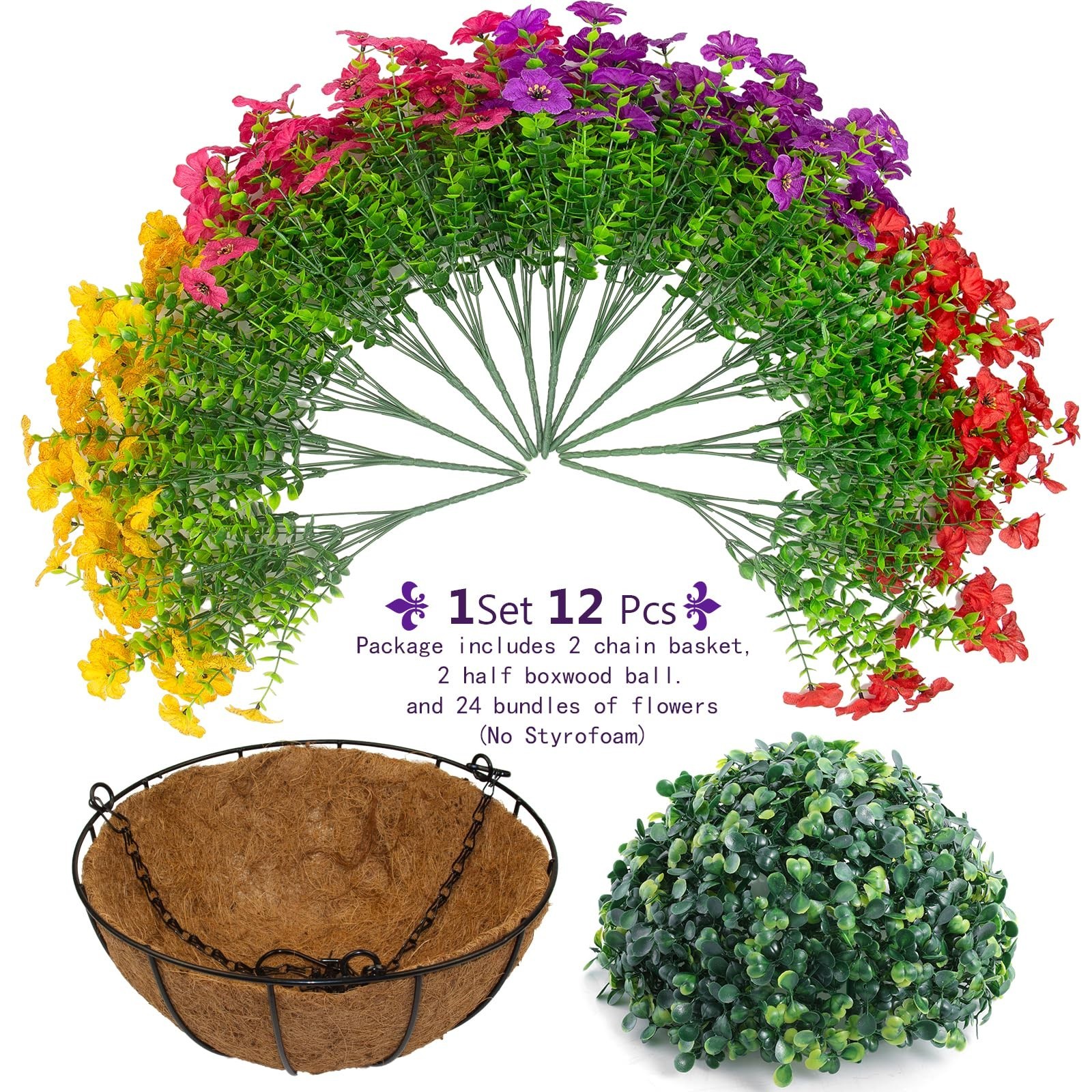 2 Set Artificial Outdoor Hanging Flower Planters – 24 Pcs Colorful Floral Decor