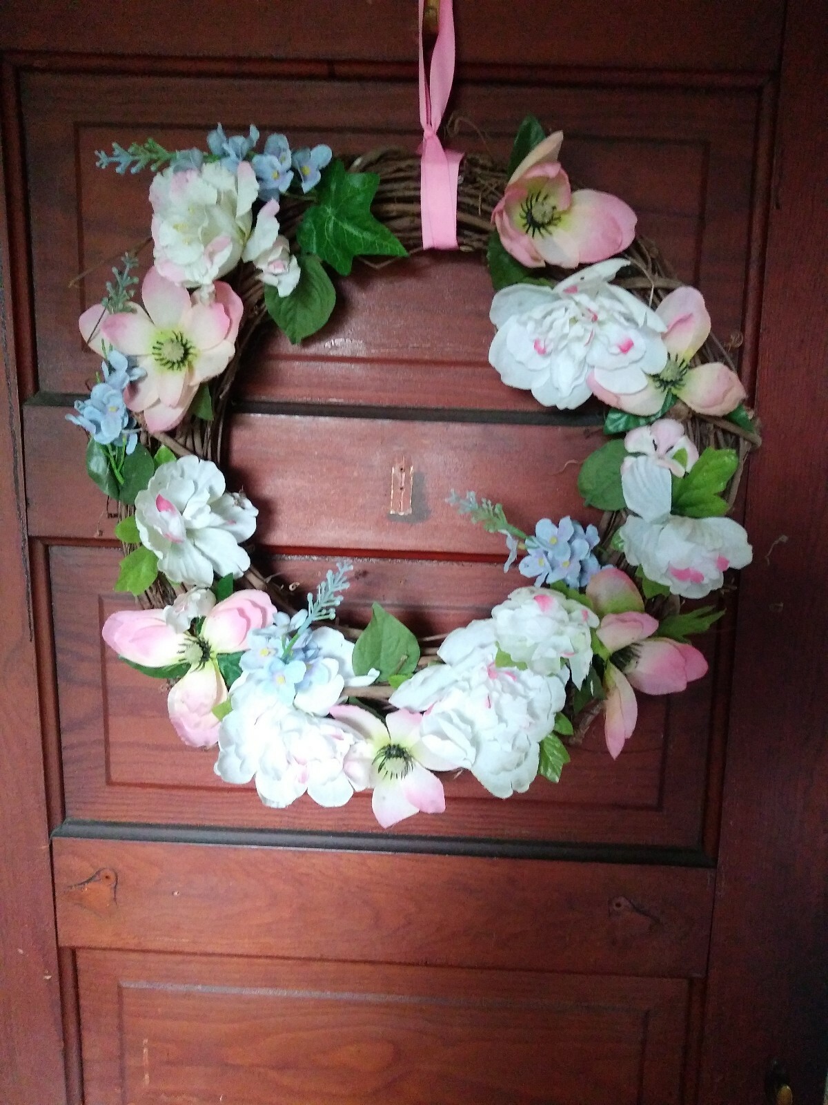 Springtime Pink, White And Blue Flowers W/green Leaves Grapevine Wreath…