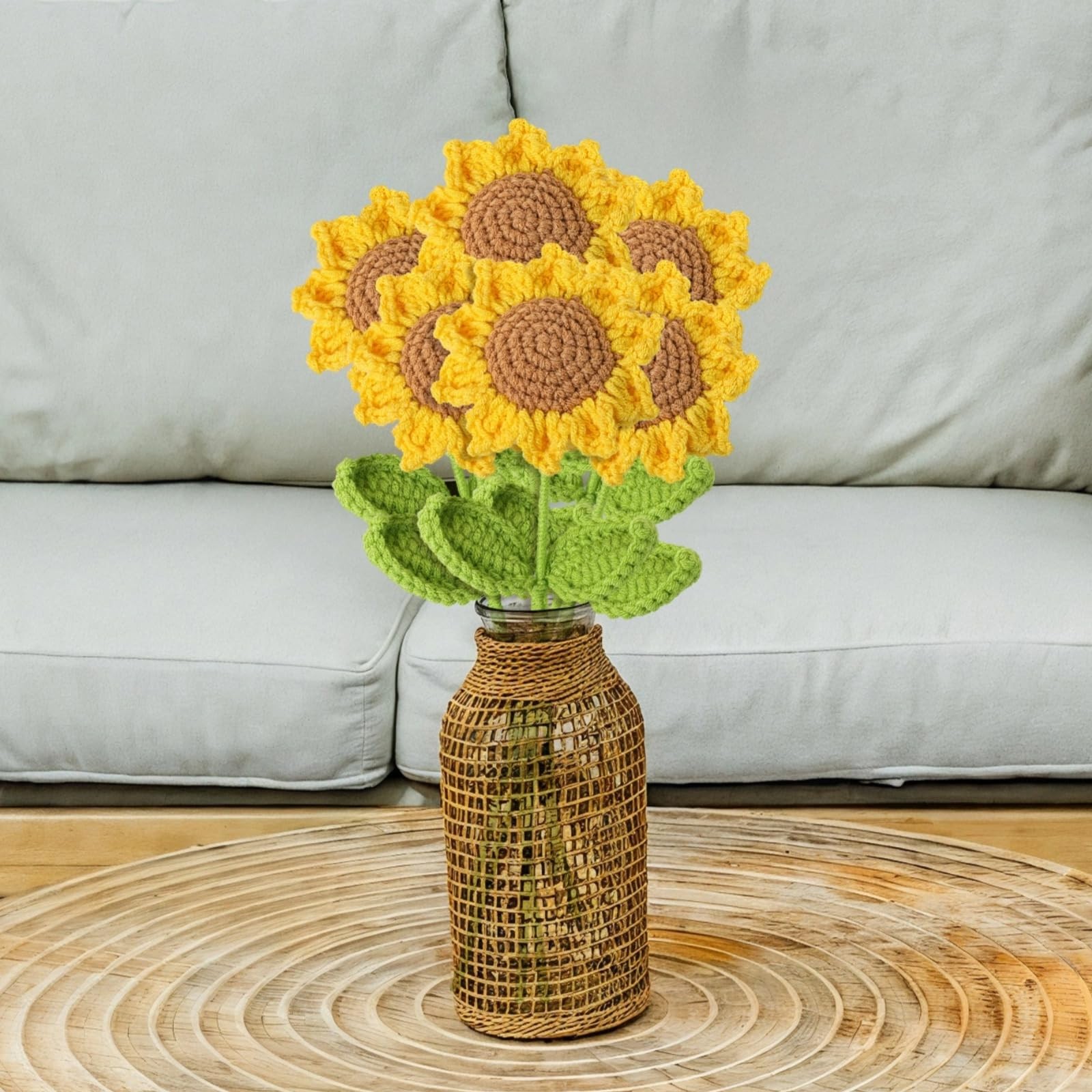 6 Pcs Crochet Sunflower Bouquet, Handmade Yellow Sunflowers with Green Leaves…