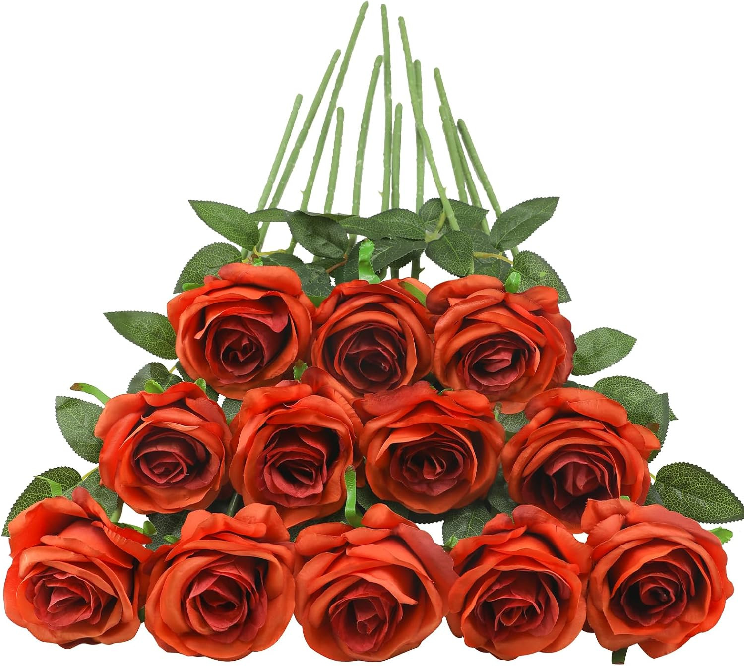 Orange Roses Artificial Flowers -12 Pcs Long Stem Silk Roses, Realistic Fake Ros
