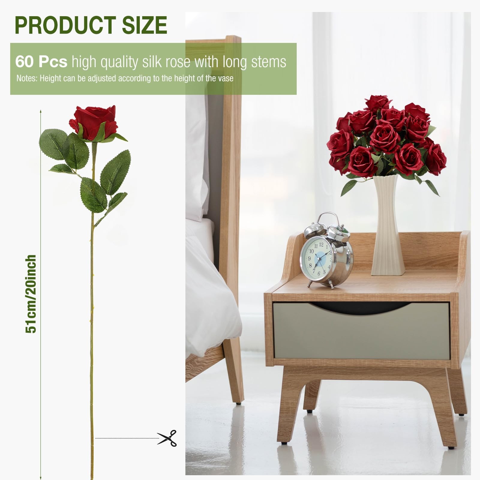 Jexine 60 PCS Artificial Roses Bulk Silk Flowers with Long Stems, Realistic F…