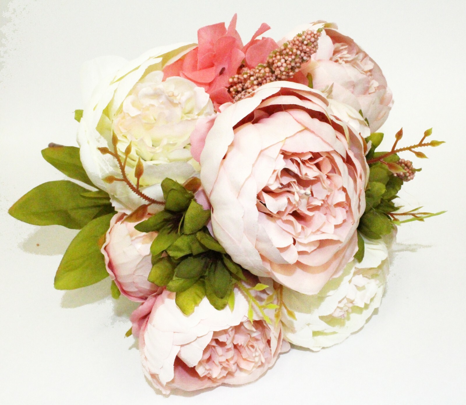 Cream Blush Color 8 Head Silk Rose Peony Open Bush Artificial Bouquet Wedding
