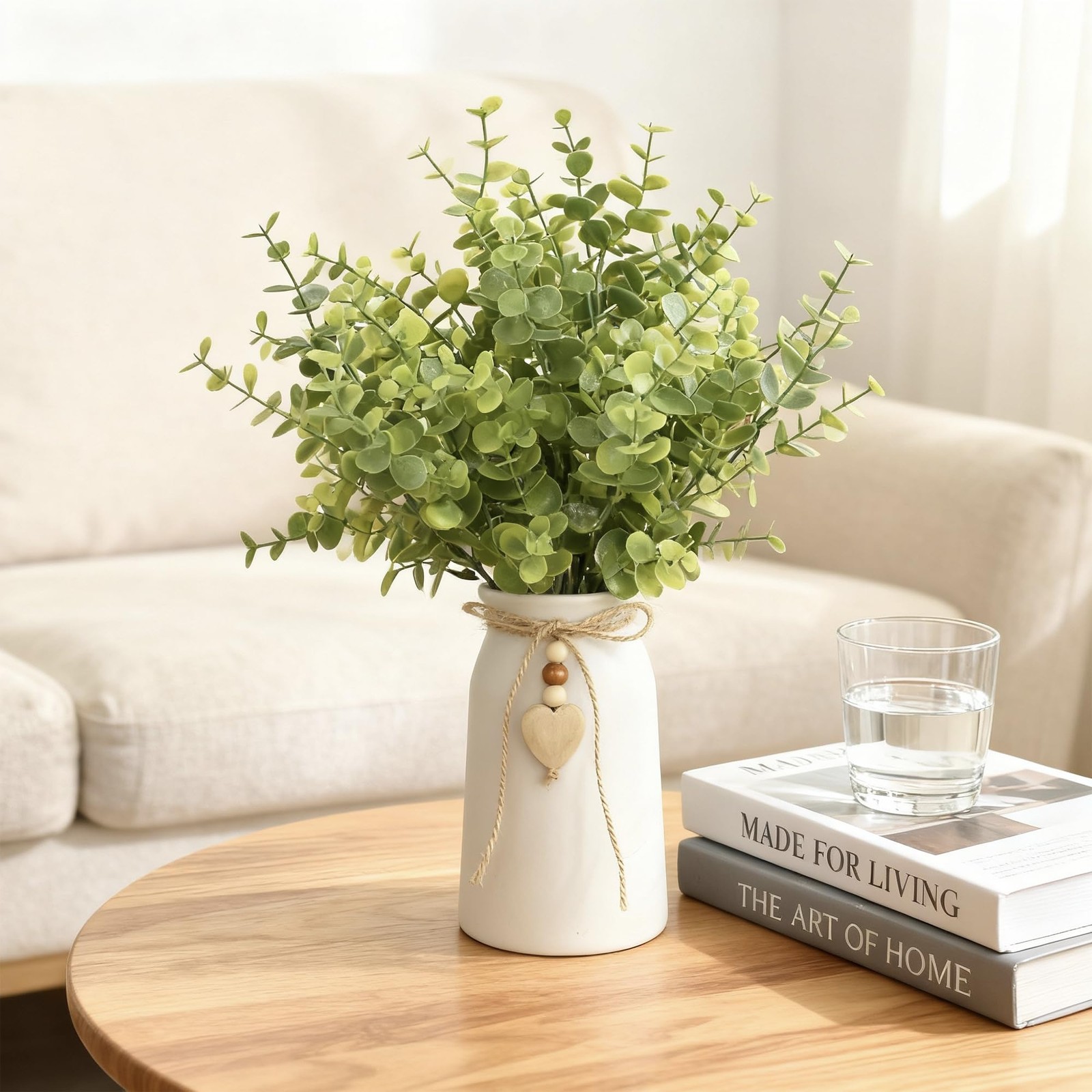 Artificial Eucalyptus Plant in White Ceramic Vase, 14″ Tall Faux Eucalyptus A…