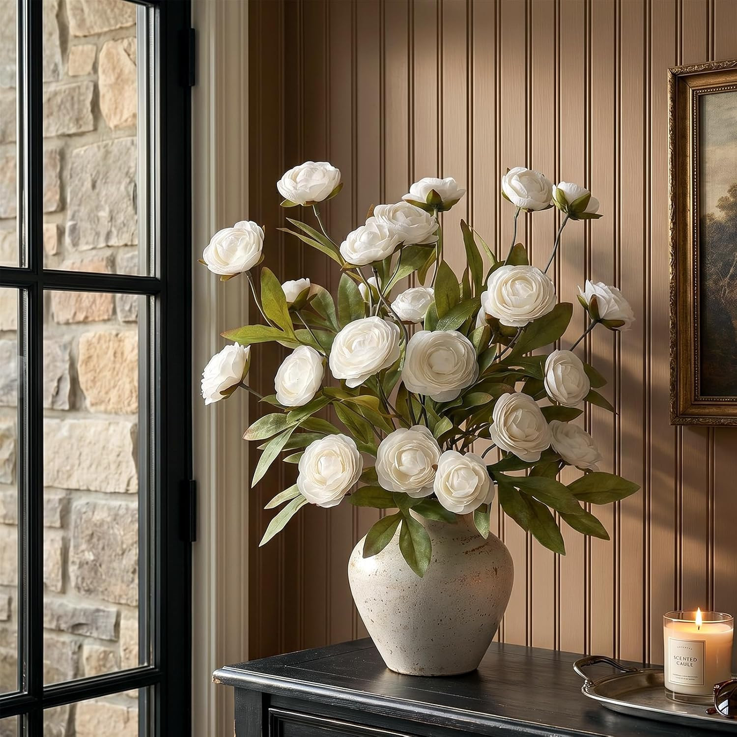 6 PCS Realistic Cream Ranunculus Stems for Home Decor & Centerpieces