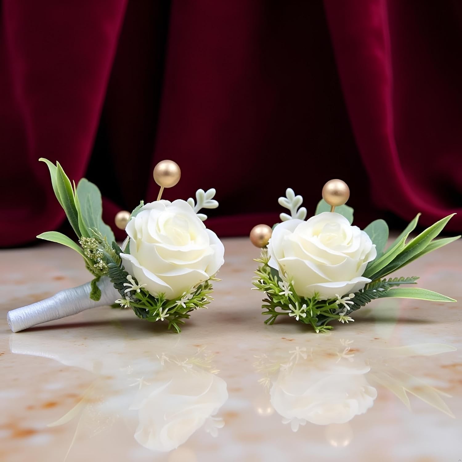 2Pcs Roses Boutonniere for Men Wedding, Groom Groomsman Artificial White Rose…