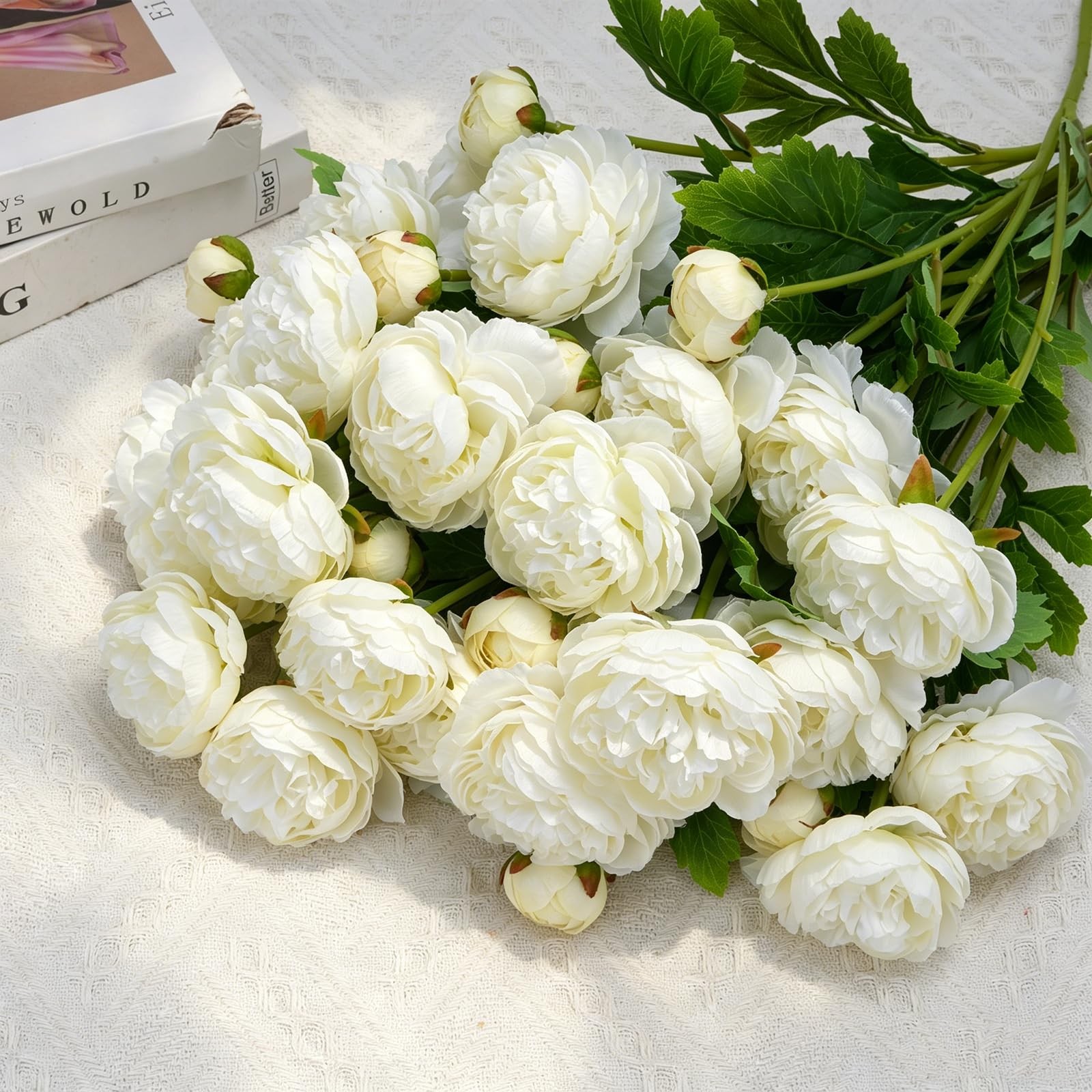 12PCS Ranunculus Artificial Flowers, Faux Flowers for Vase, White, 19.6”