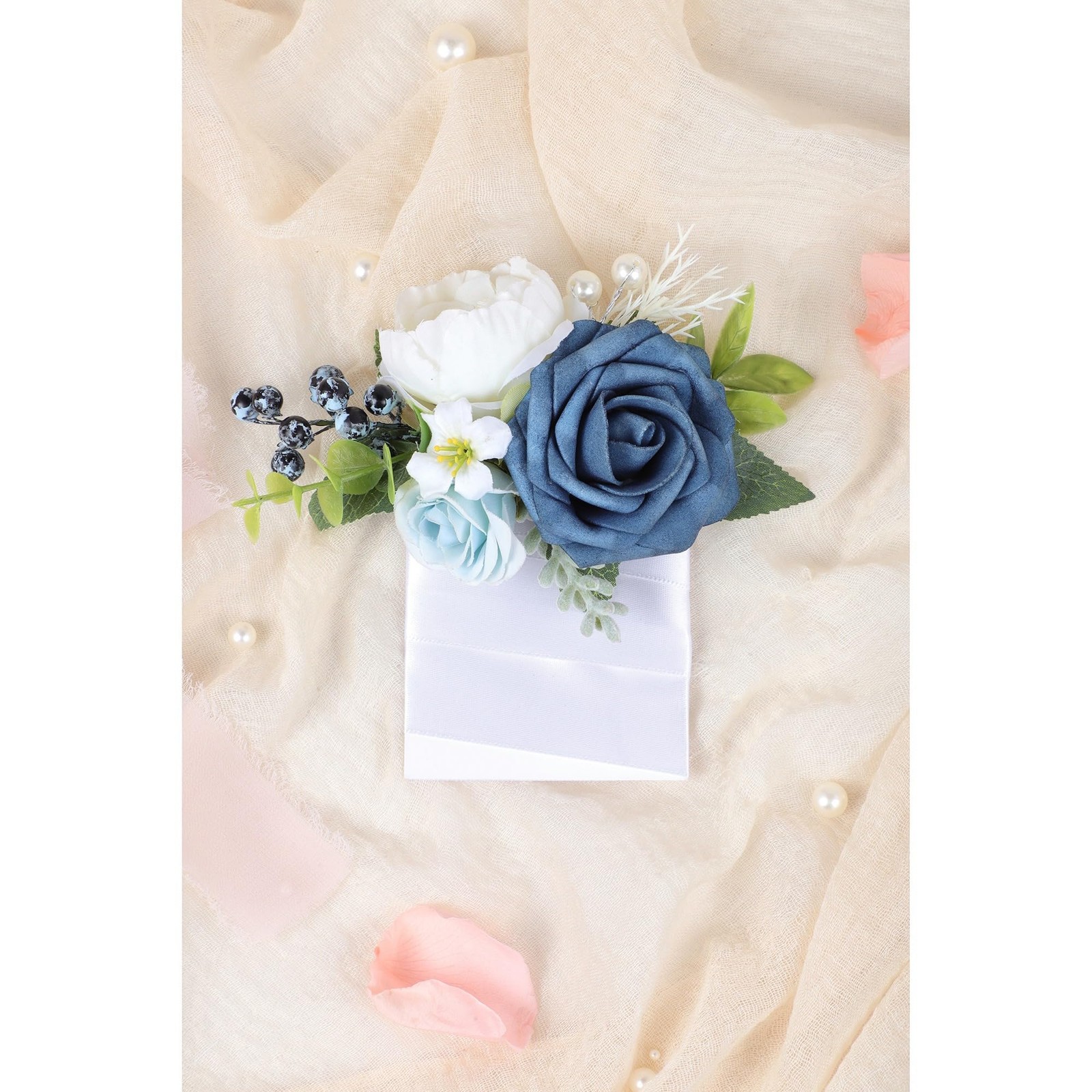 Dusty Blue Flowers Pocket Boutonniere Men Groom Wedding Formal Party