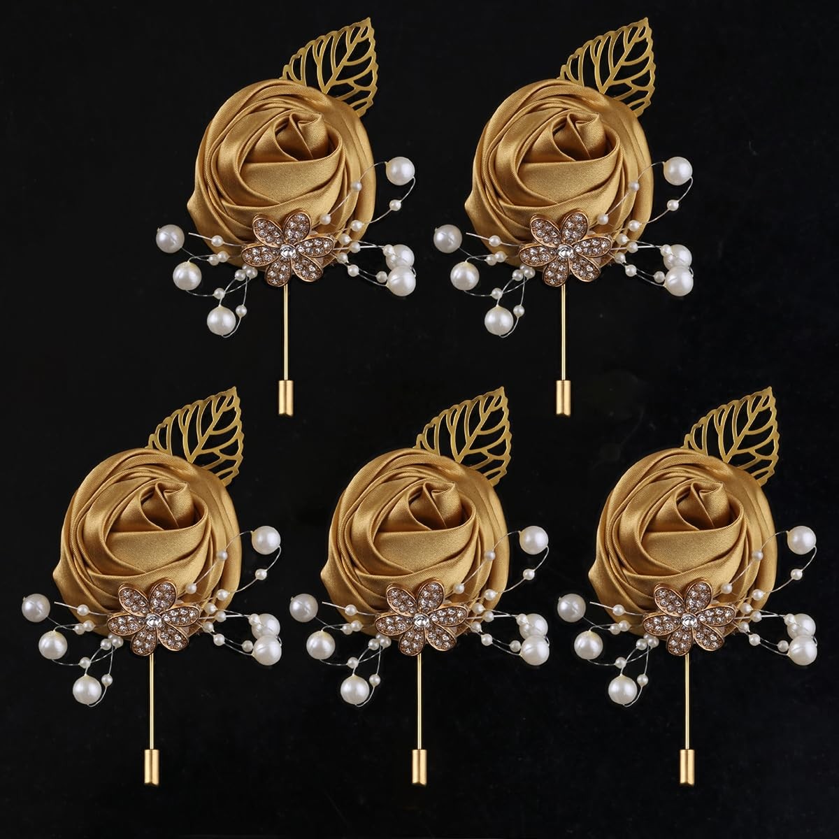 5 PCS Light Gold Leaf Faux Silk Rose Corsage Boutonniere Wedding Prom Decor