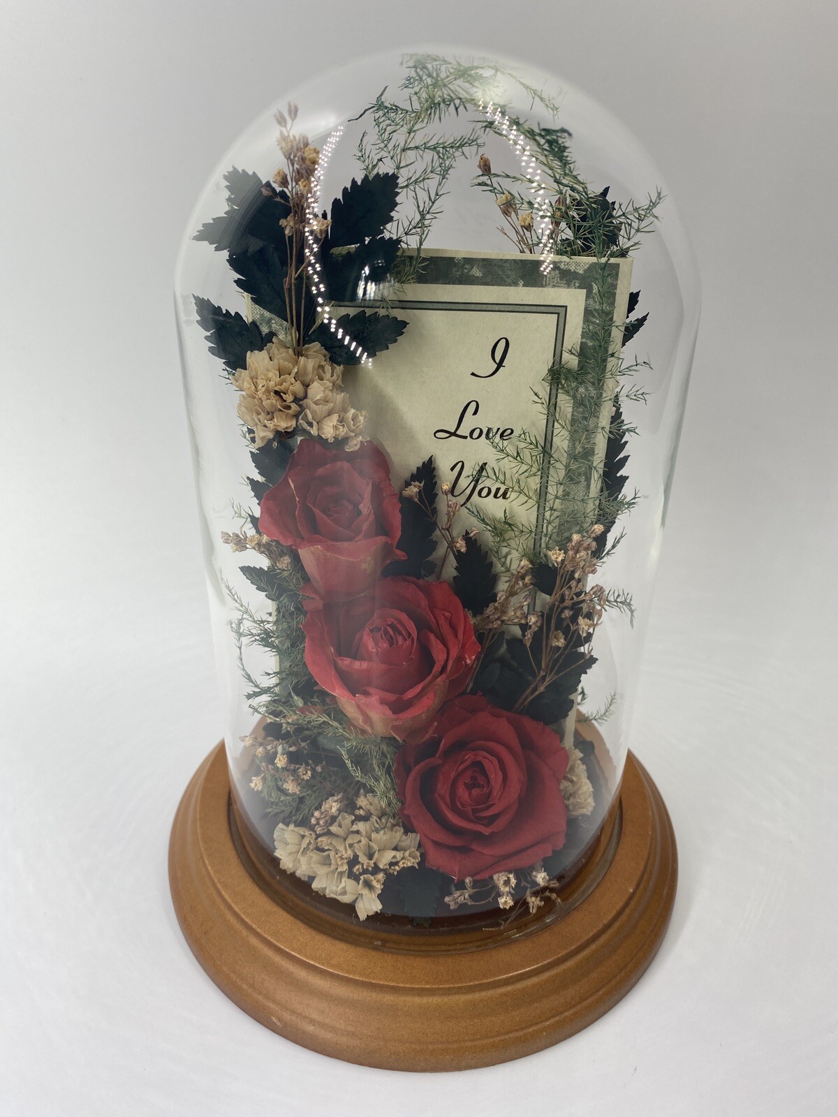 Vintage Dried Red Roses Flower Arrangement Preserved in 7.5” Glass Dome