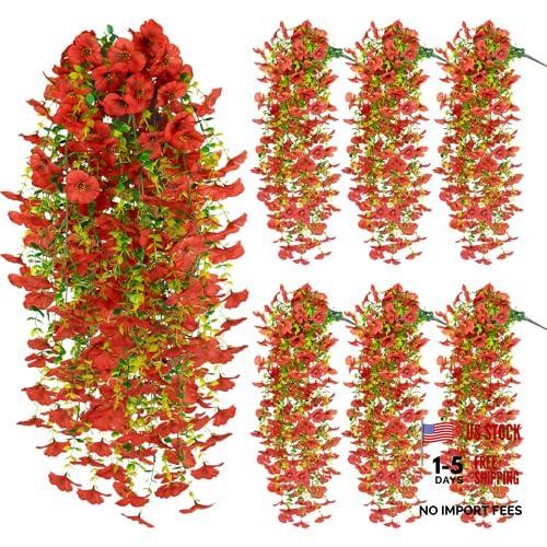 6 PCS Artificial Hanging Pansy Flowers, Silk Flowers for Outside, UV Red