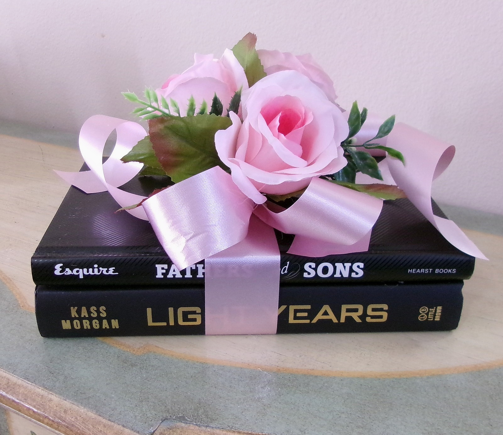 Decorative Book with Silk Pink Roses Accent Arrangement New