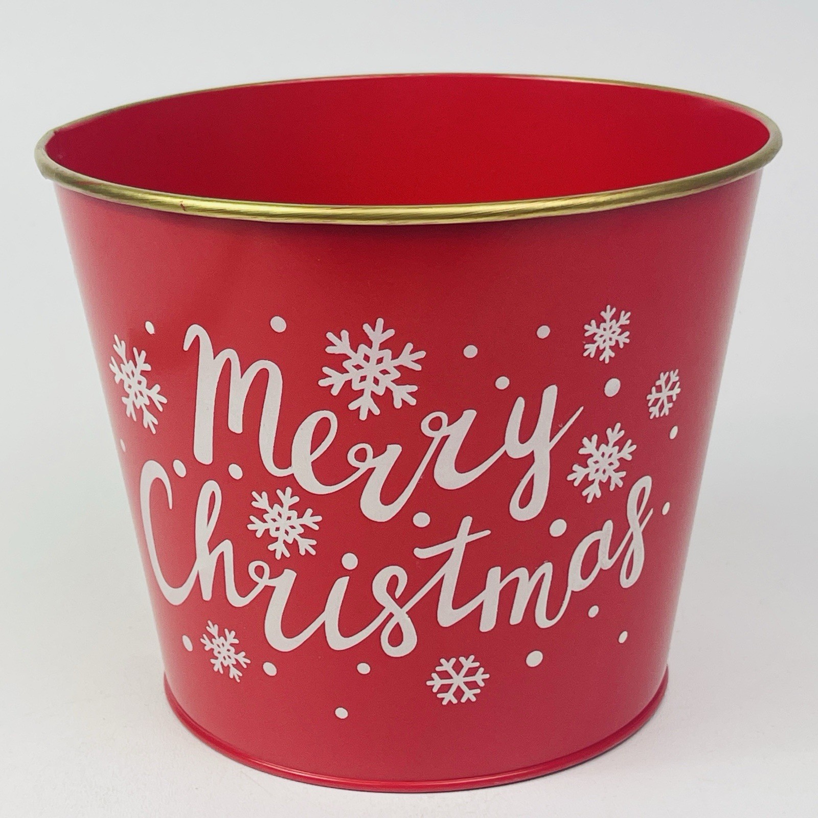 Round Tin Merry Christmas Red Flowerpot Can Home Decor Bucket